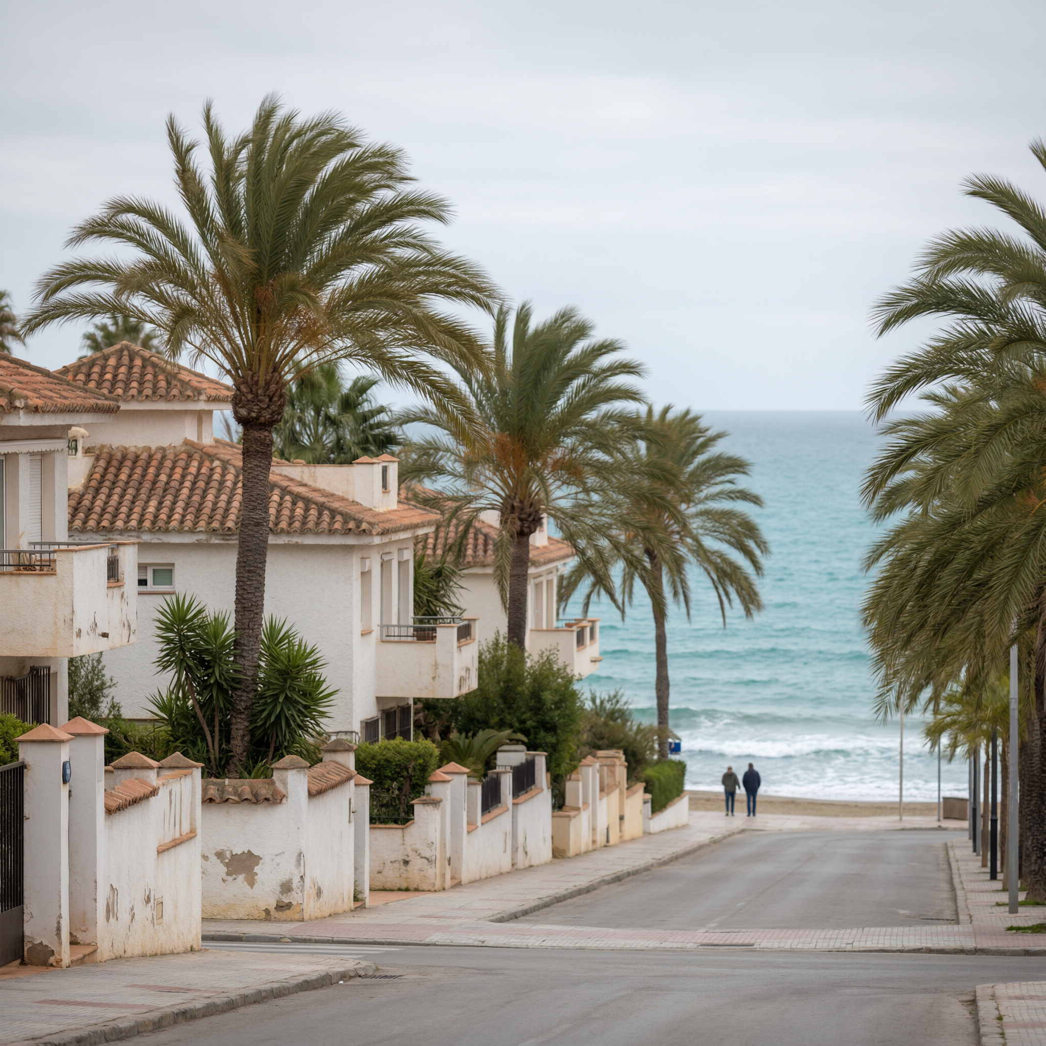Marbella Luxury Beach Resorts 2 Beachfront residential street in Marbella lined with palm trees and white Mediterranean-style villas with terracotta tile roofs overlooking the beach and sea