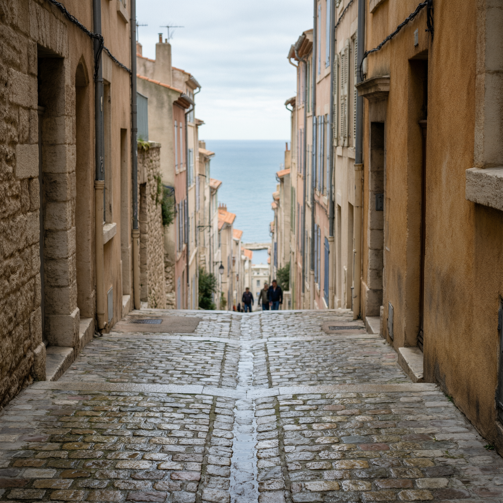 Marseille Coastal Town Highlights 9 A narrow cobblestone street in Marseille lined with historic stone buildings, leading toward the Mediterranean Sea visible in the distance