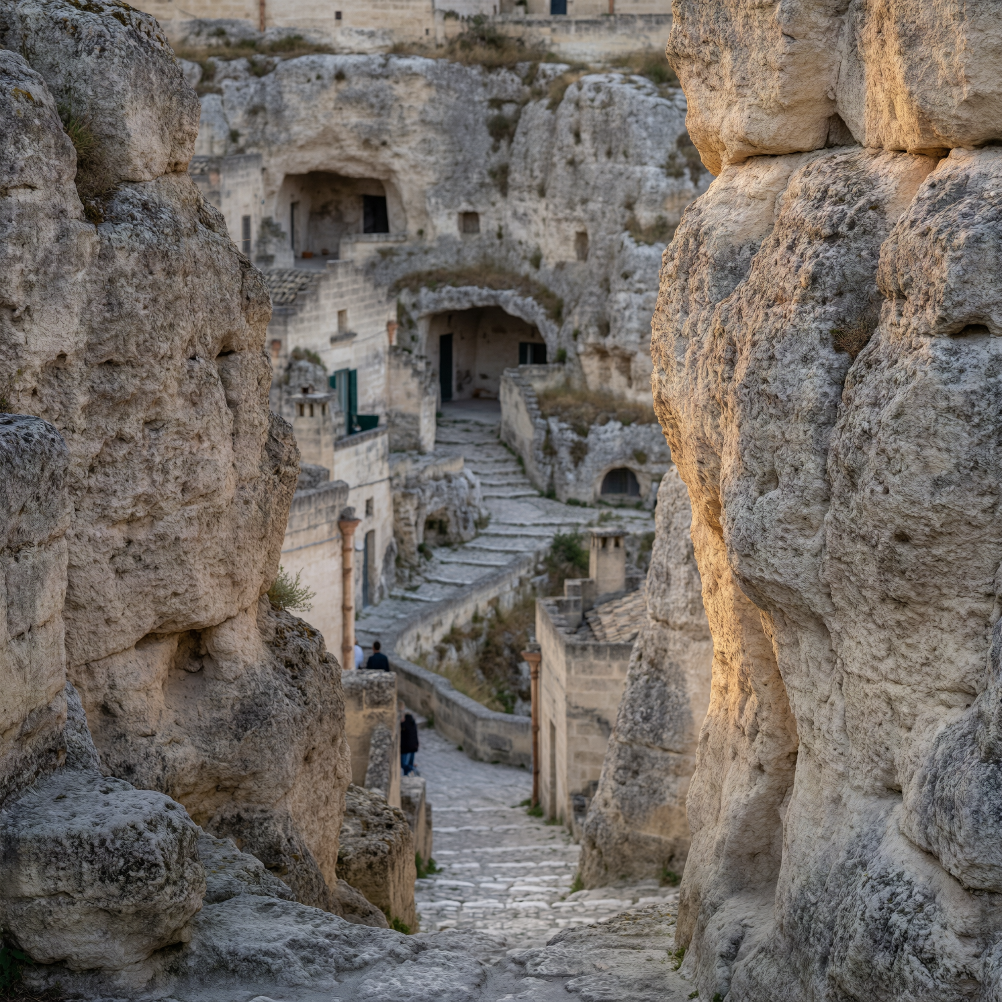 View through ancient stone passageway between carved cave dwellings in Matera's Sassi district, with stone buildings and stairways visible in the background