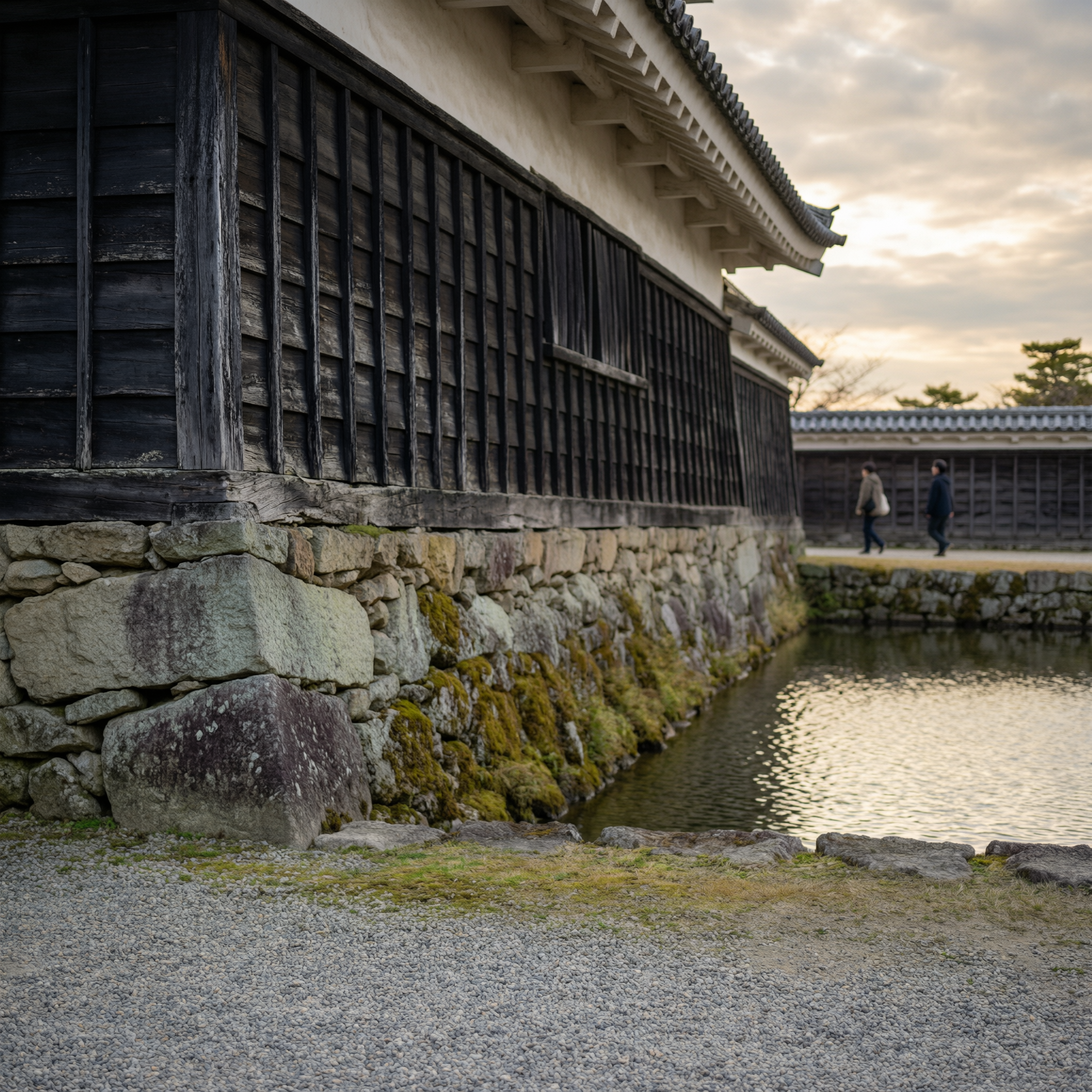 Historic Matsue Castle exterior featuring black wooden latticework walls and stone foundation with moat, traditional Japanese architecture with curved roofs visible in background
