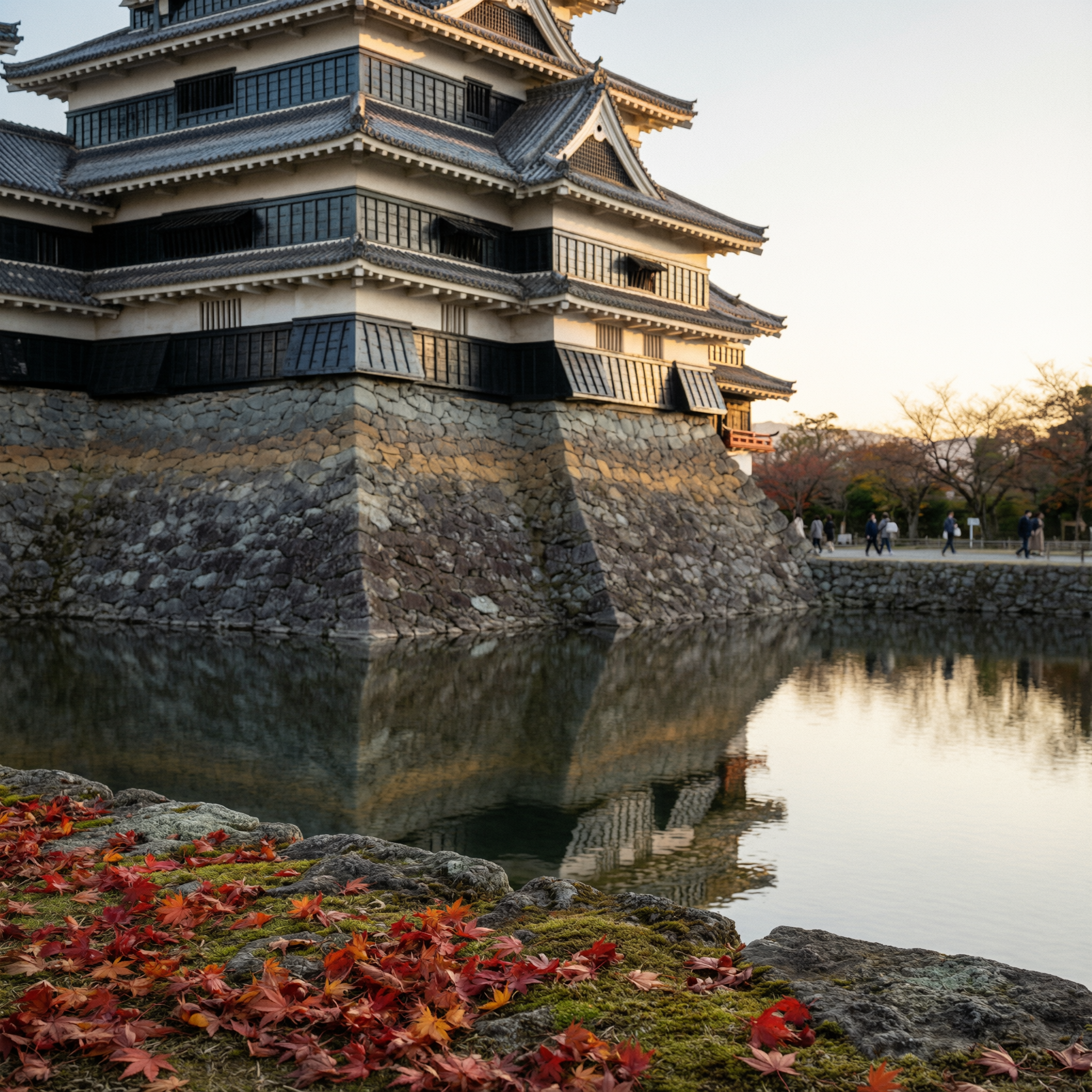Matsumoto Castle Visit Tips 2 Matsumoto Castle with its distinctive five-story pagoda reflected in the Nakai River during golden hour, with red autumn leaves in the foreground