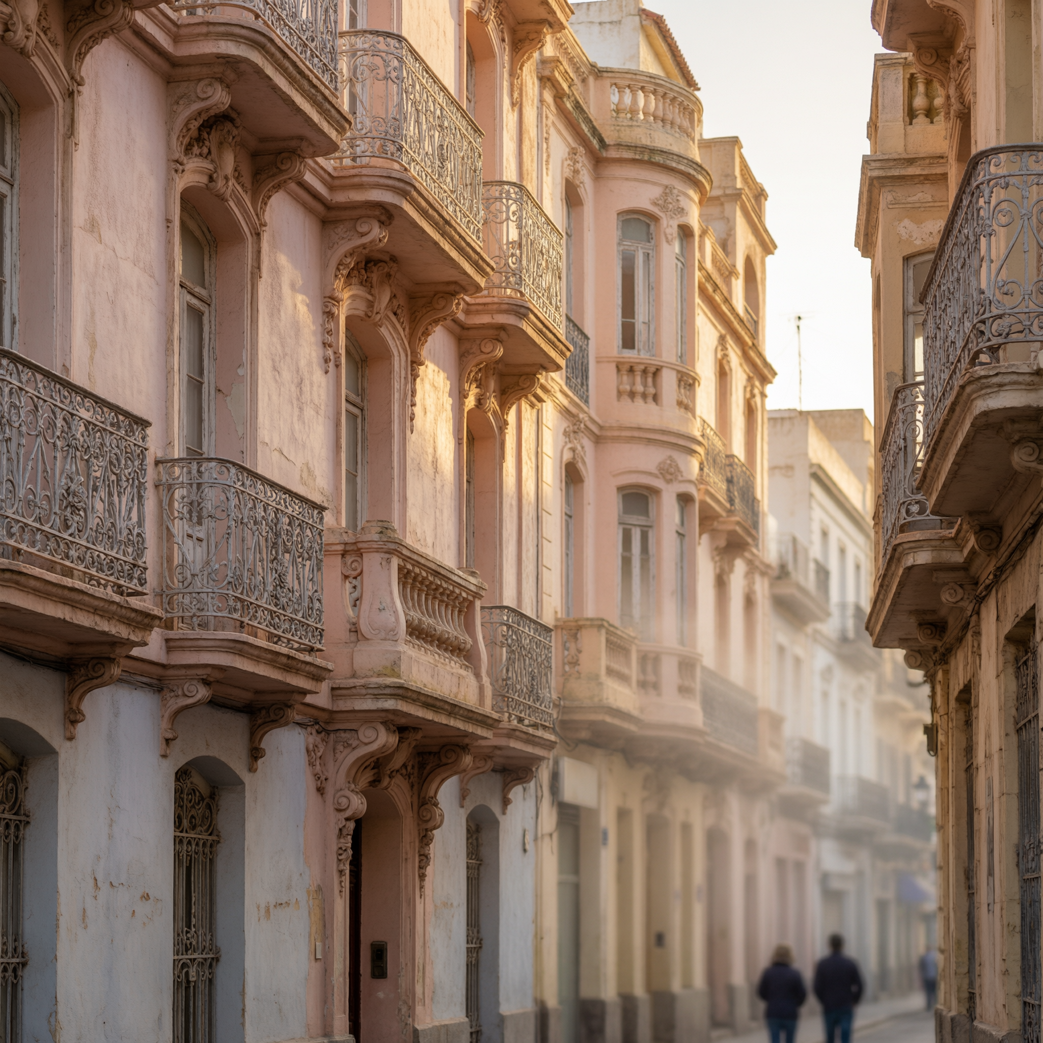 Melilla Modernist Architecture 2 Historic modernist buildings with ornate facades and decorative iron balconies lining a narrow street in Melilla, Spain during golden hour