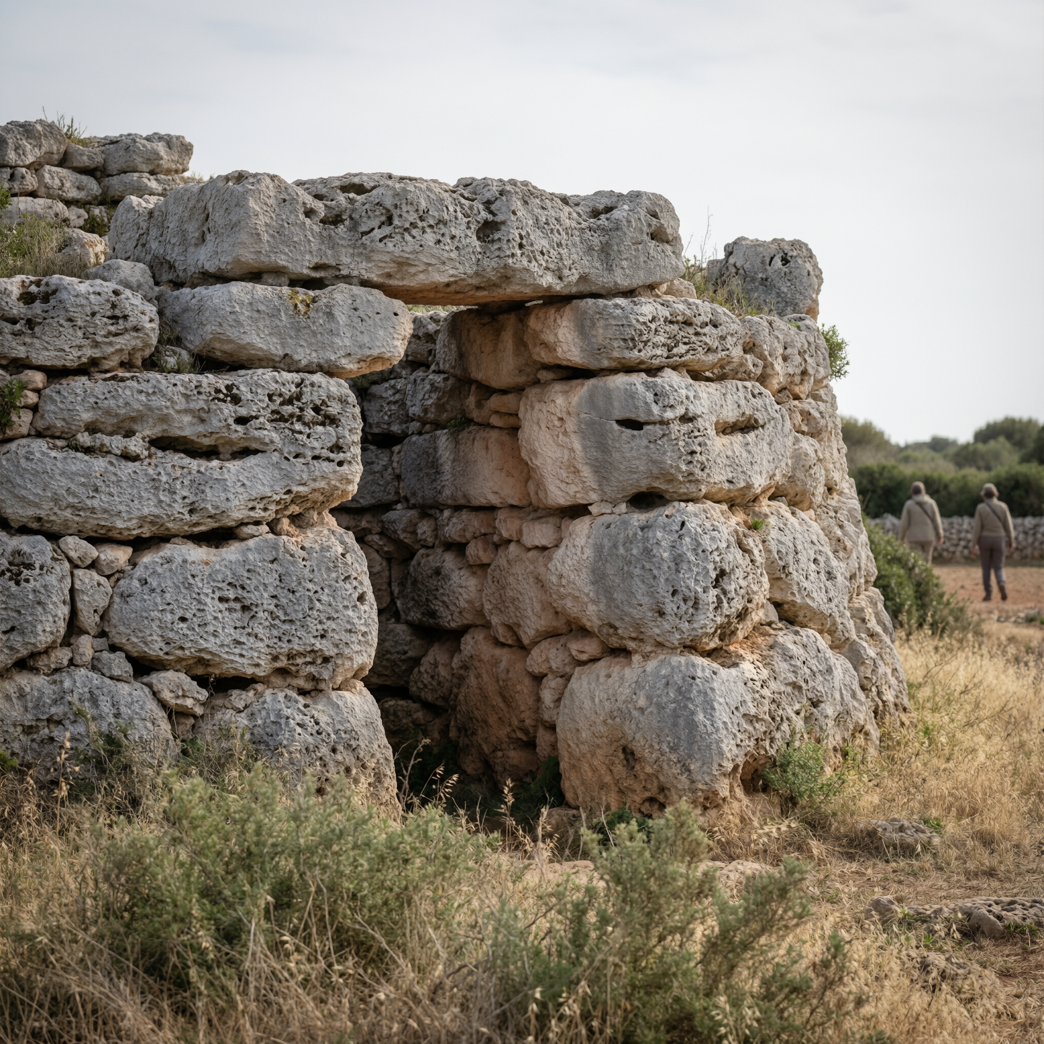 Ancient stone ruins of a talayotic structure in Menorca showing stacked limestone blocks with visitors exploring the archaeological site in the background