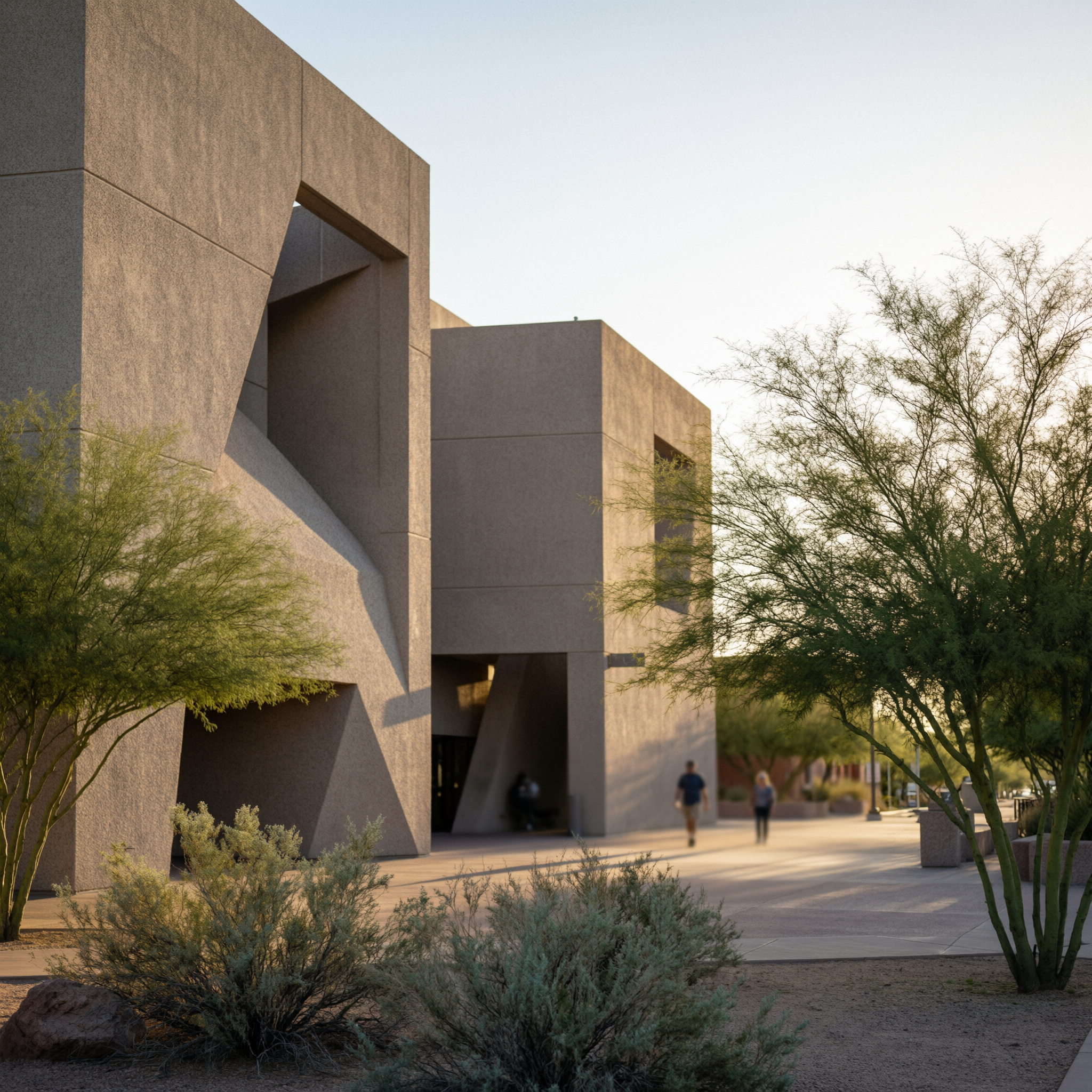 Mesa Arts Center exterior at golden hour, featuring modern architecture with geometric concrete forms and desert landscaping in Mesa, Arizona