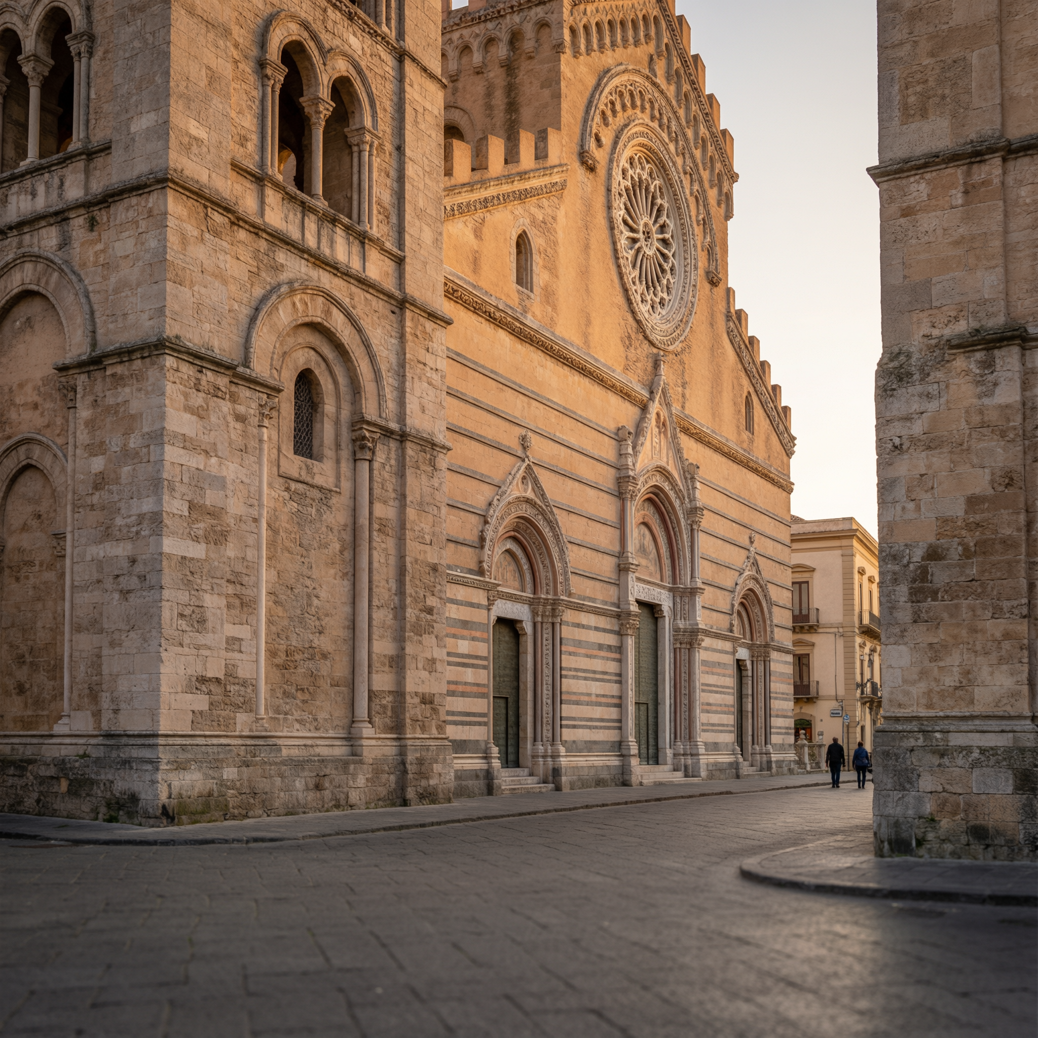 Messina Cathedral exterior illuminated during golden hour, showing Norman-Romanesque architecture with intricate rose window and striped stone facade in Messina, Sicily