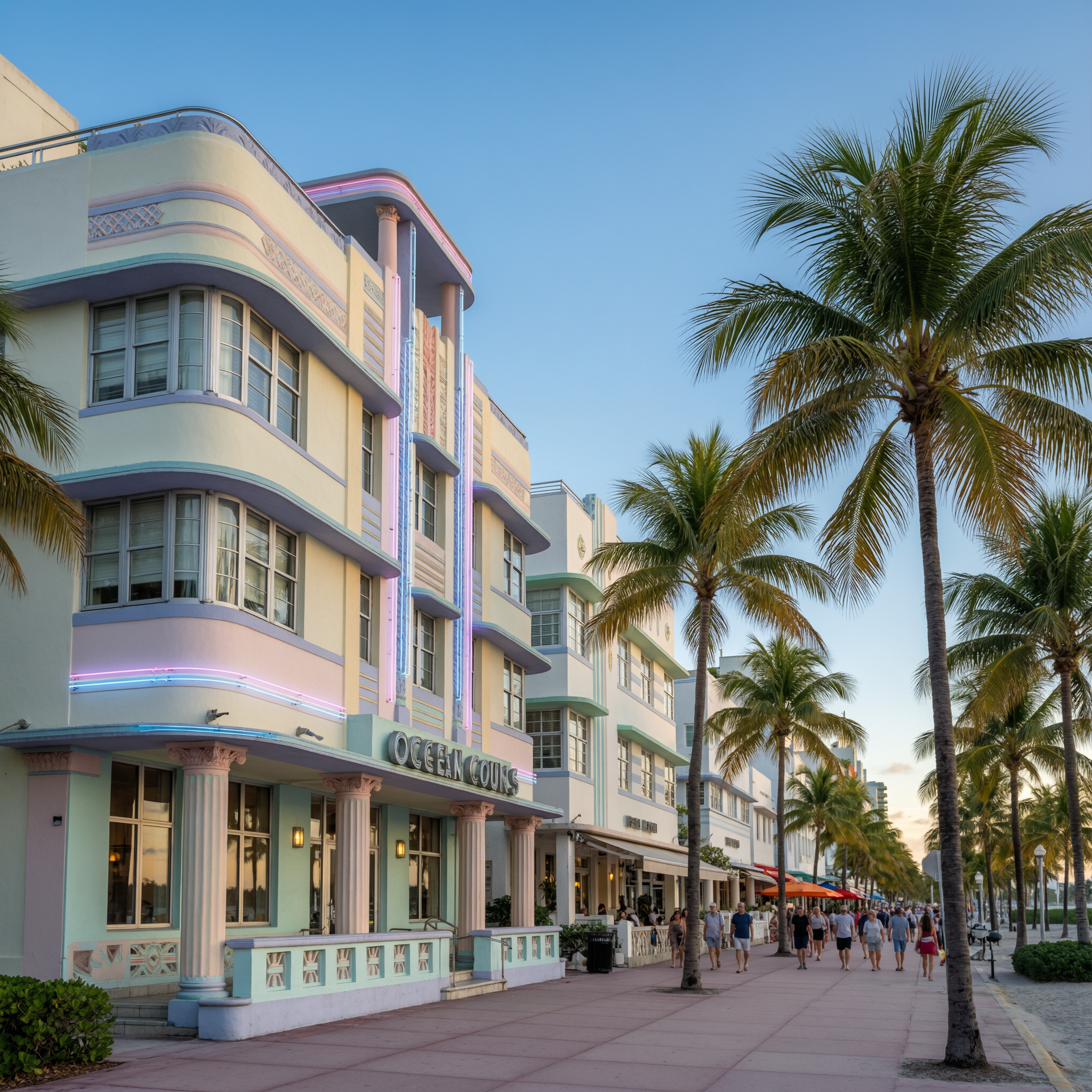 Art Deco buildings and palm trees along Ocean Drive in Miami South Beach on a clear sunny day