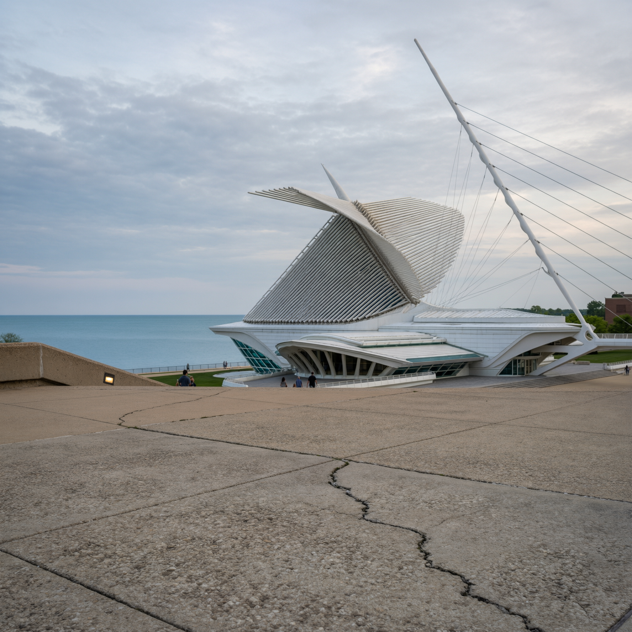 The Milwaukee Art Museum's Quadracci Pavilion with its distinctive white wing-like brise soleil structures overlooking Lake Michigan