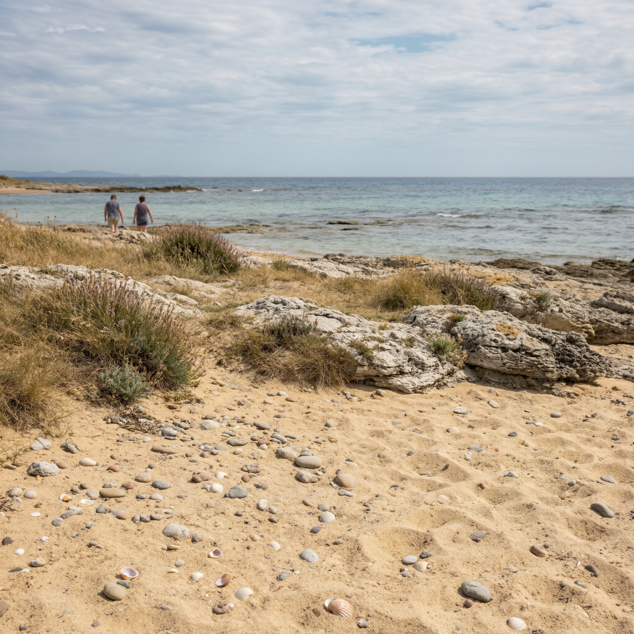 Montpellier Mediterranean Beaches Guide 1 Rocky Mediterranean beach near Montpellier with two visitors standing by the water, scattered shells and pebbles on sandy shore, and cloudy sky above