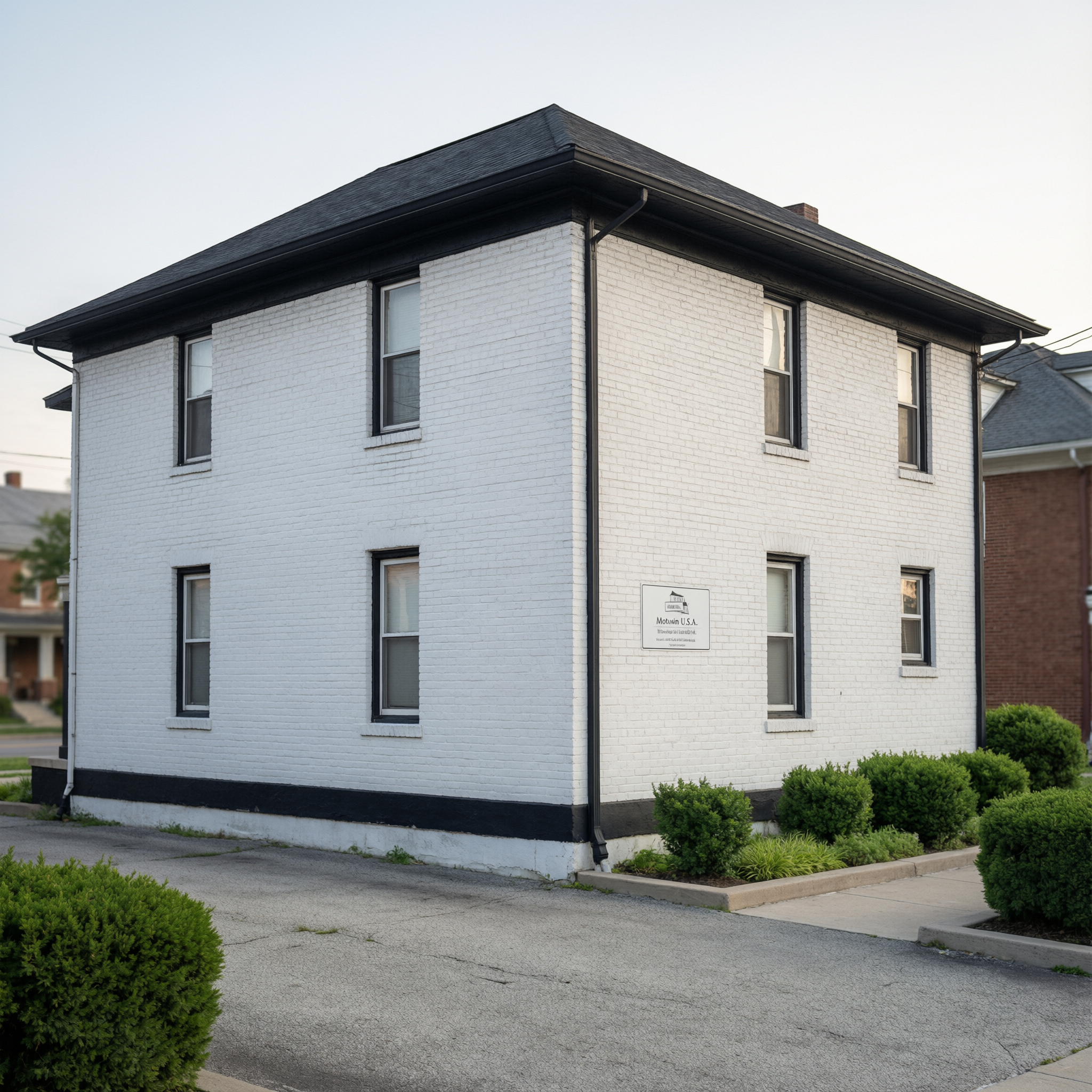 Exterior view of the Motown Museum in Detroit, a white brick two-story historic house with black trim and roof