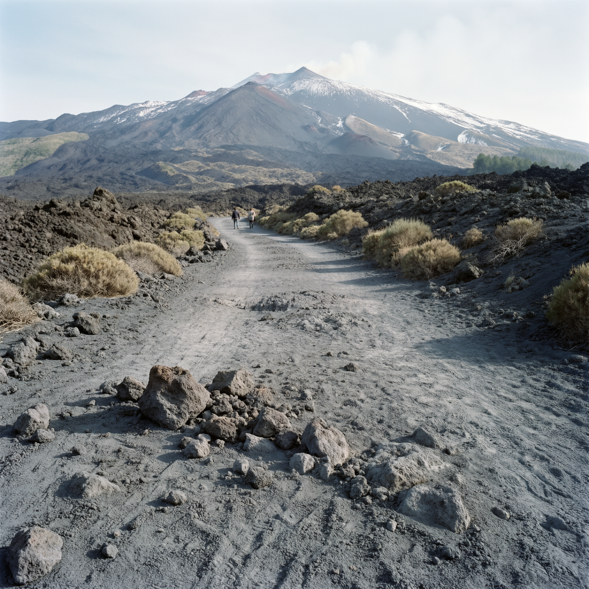 Hikers on volcanic ash path with snow-capped Mount Etna in the background near Catania, Sicily