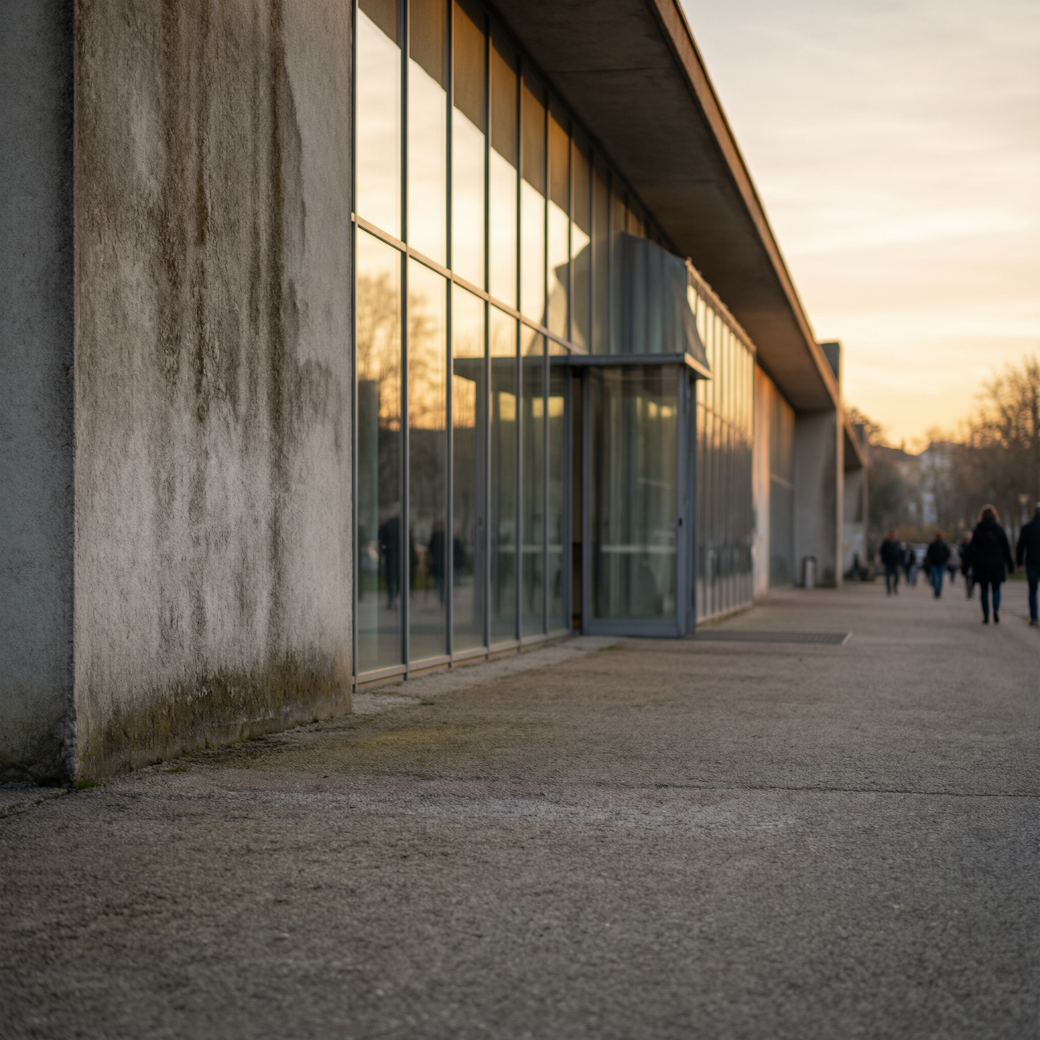 Exterior of the Mulhouse Automobile Museum at golden hour, showing modern architecture with large glass windows and concrete walls along a pedestrian pathway