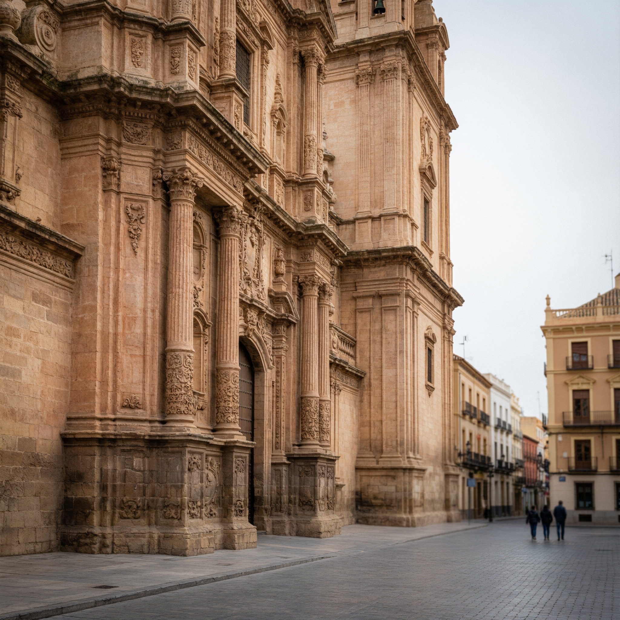 The Baroque facade of Murcia Cathedral with ornate stone columns and carved details, viewed from a plaza in Murcia, Spain