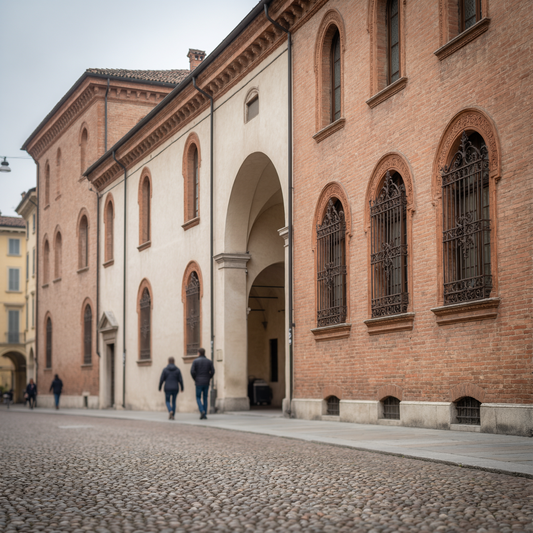 Exterior of the Museo del Violino in Cremona, Italy, featuring Renaissance brick architecture with arched entrance and decorated windows