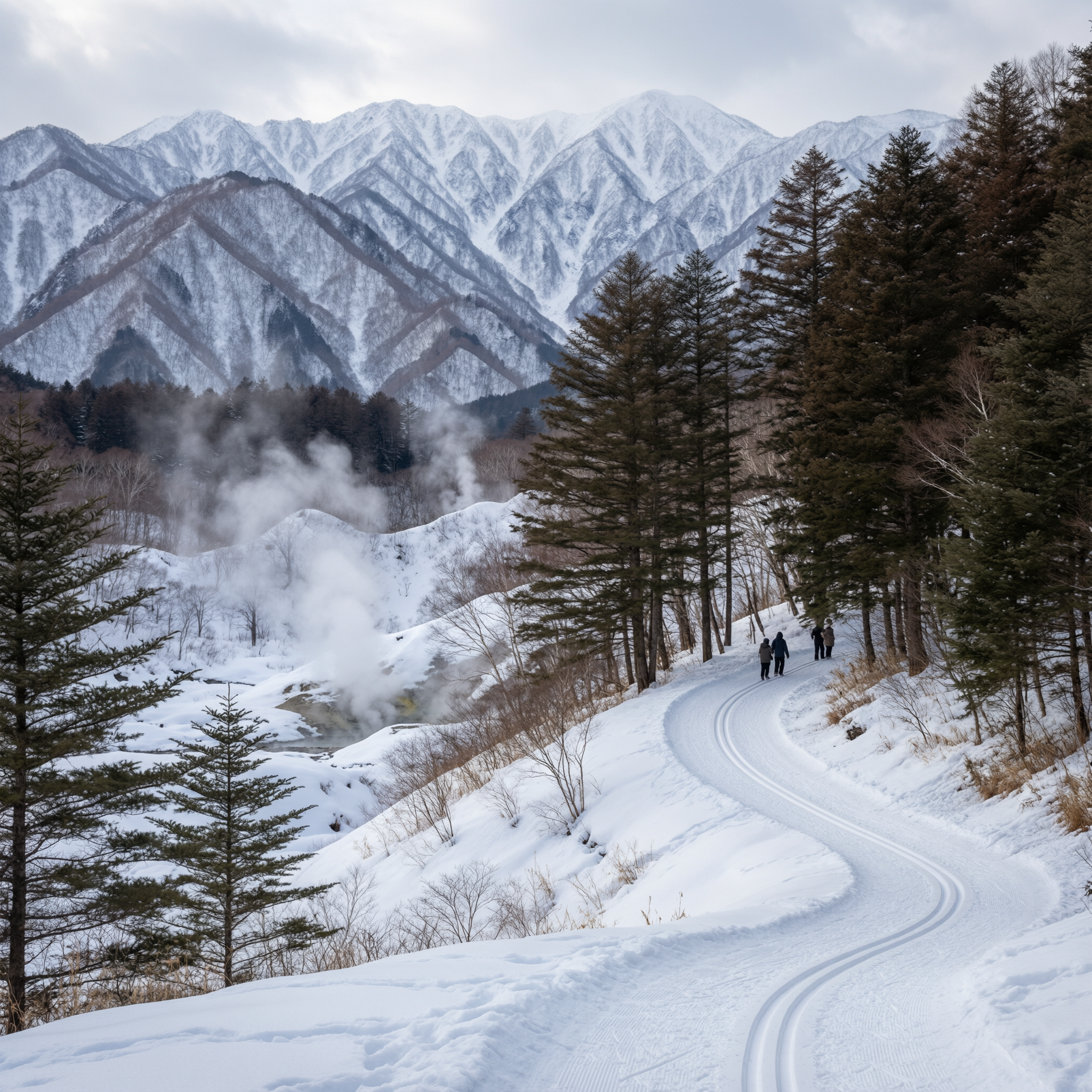 Cross-country skiing trail winding through snow-covered landscape with coniferous forests and snow-capped mountains in the background, with steam rising from geothermal area in Nagano, Japan