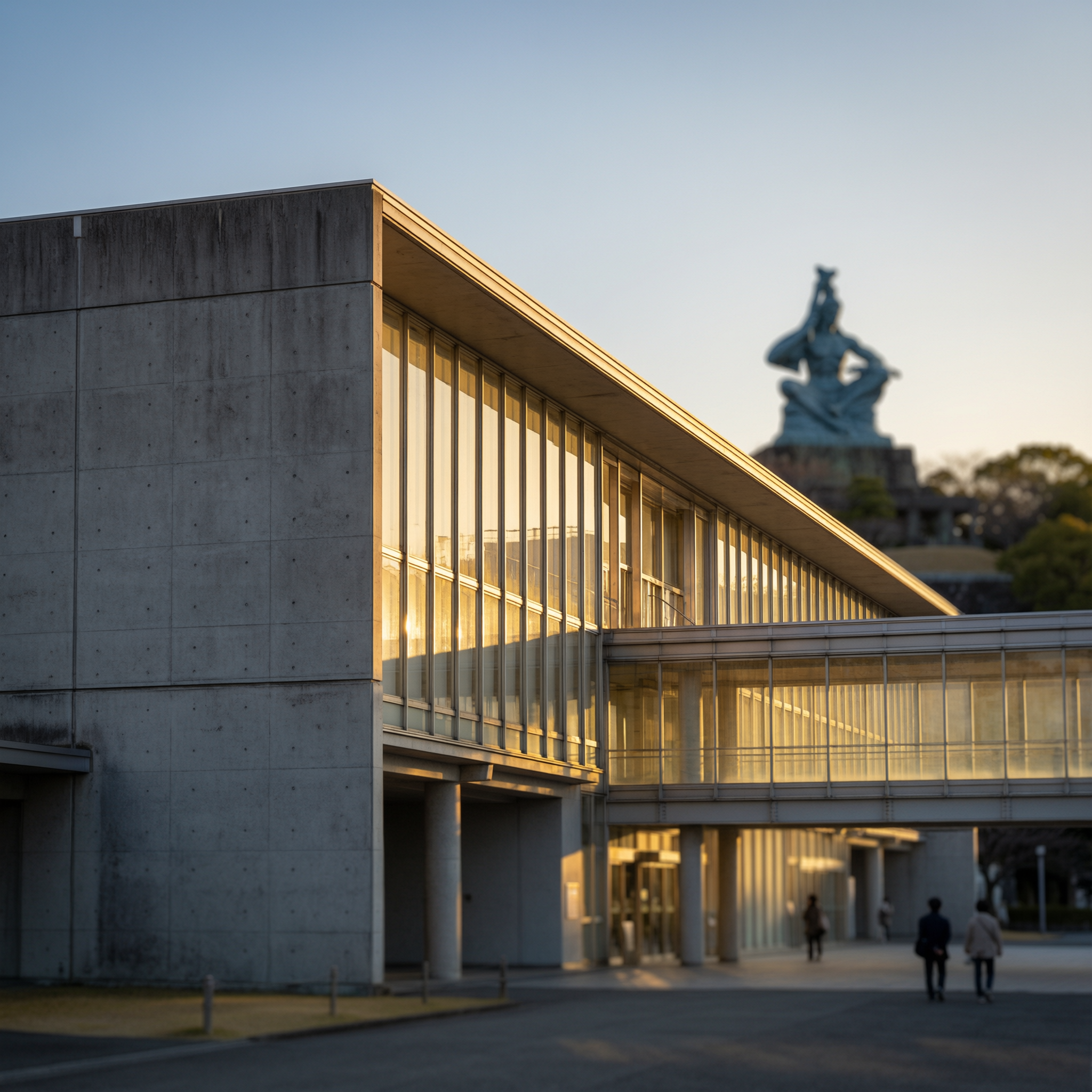 Nagasaki Atomic Bomb Museum 8 Exterior of the Nagasaki Atomic Bomb Museum at golden hour, featuring modern concrete and glass architecture with warm golden lighting, with a statue visible in the background against a clear sky