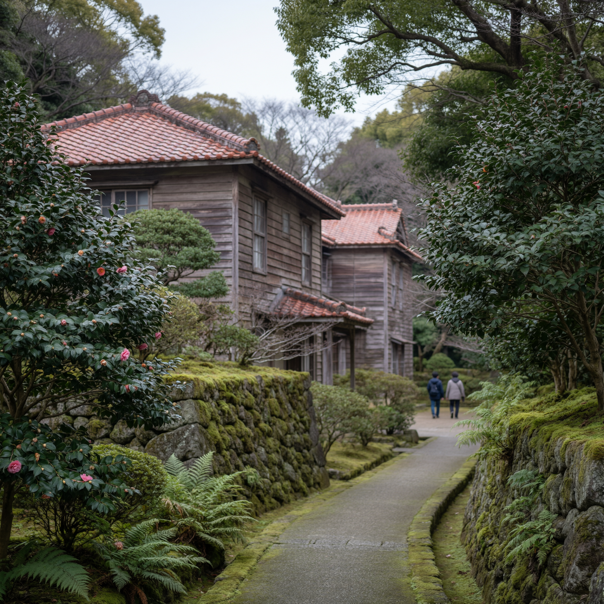 Traditional Japanese wooden house with red tile roof surrounded by lush green garden, moss-covered stone walls, and blooming flowers at Glover Garden in Nagasaki