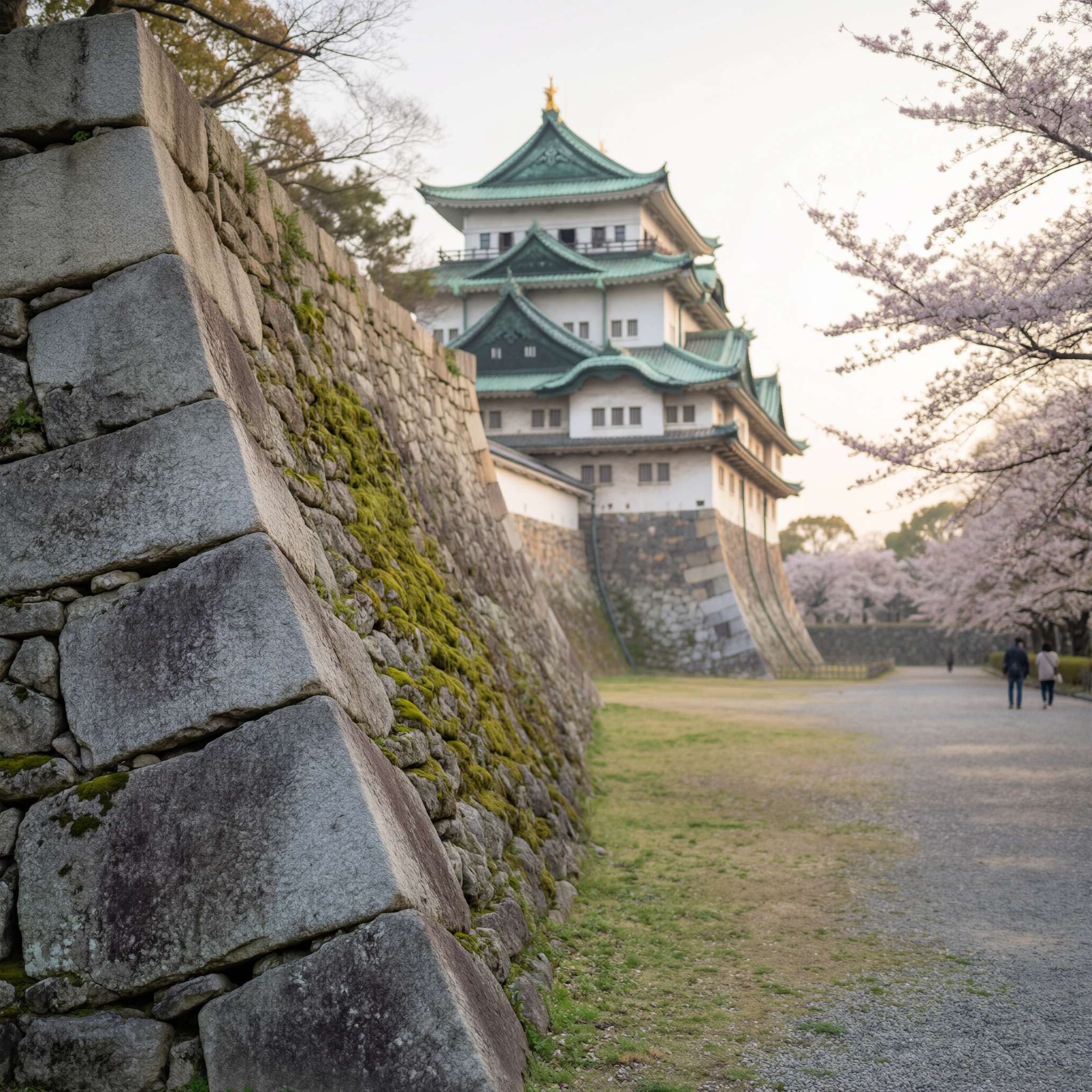 Nagoya Castle main keep with turquoise-green tiered roofs viewed from stone wall during spring cherry blossom season
