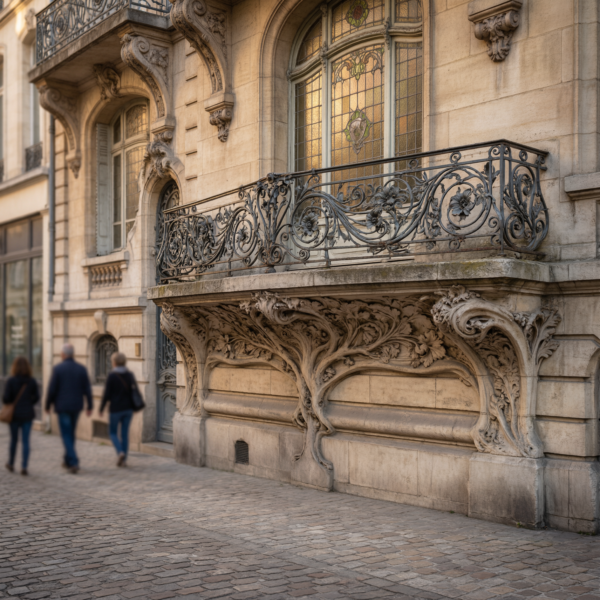 Ornate Art Nouveau facade in Nancy featuring elaborate stone carvings, decorative iron balcony with scrollwork, and tall arched windows typical of early 20th century French architecture