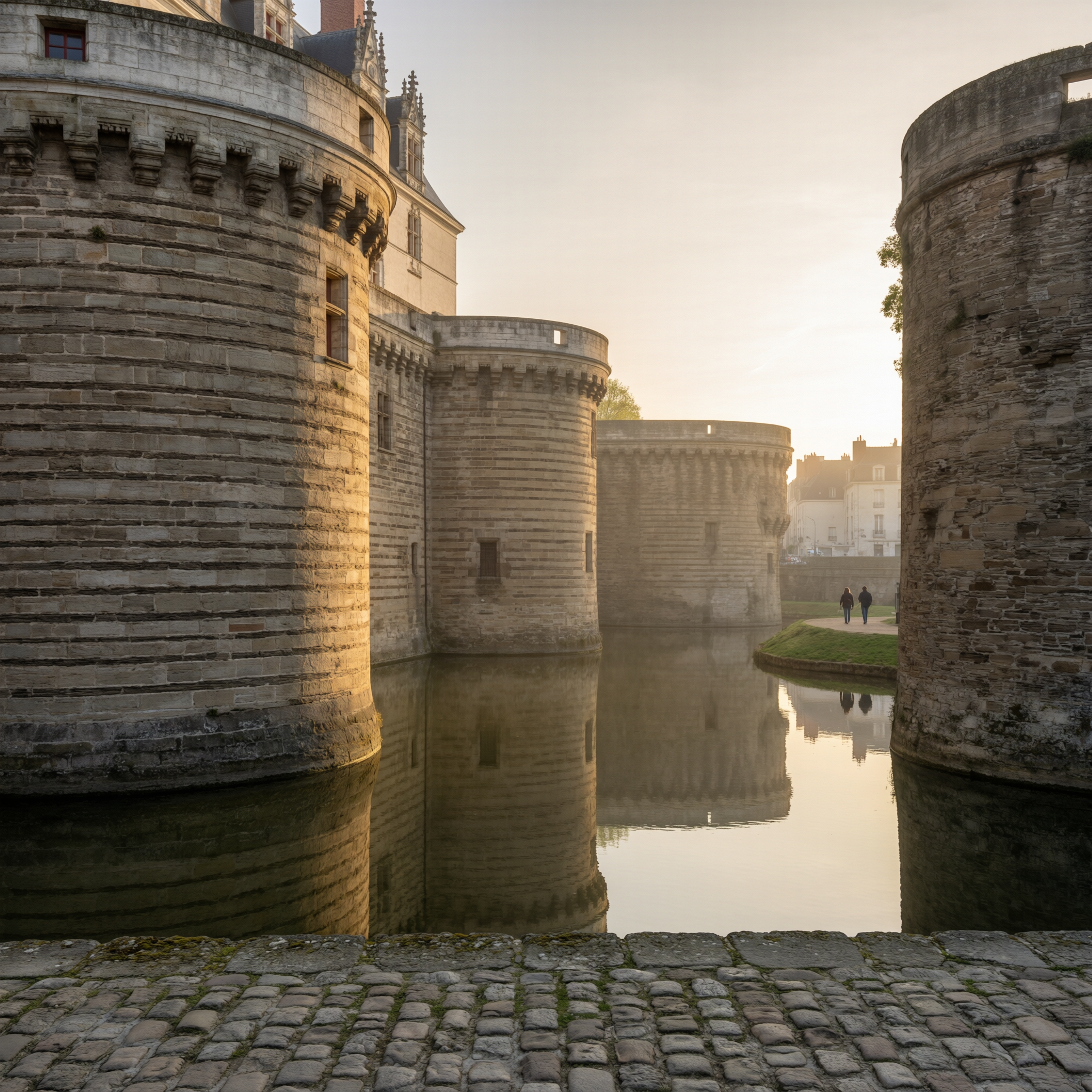 Nantes Castle of Dukes 2 View of the Château des Ducs de Bretagne's cylindrical towers reflected in the moat during golden hour in Nantes, France