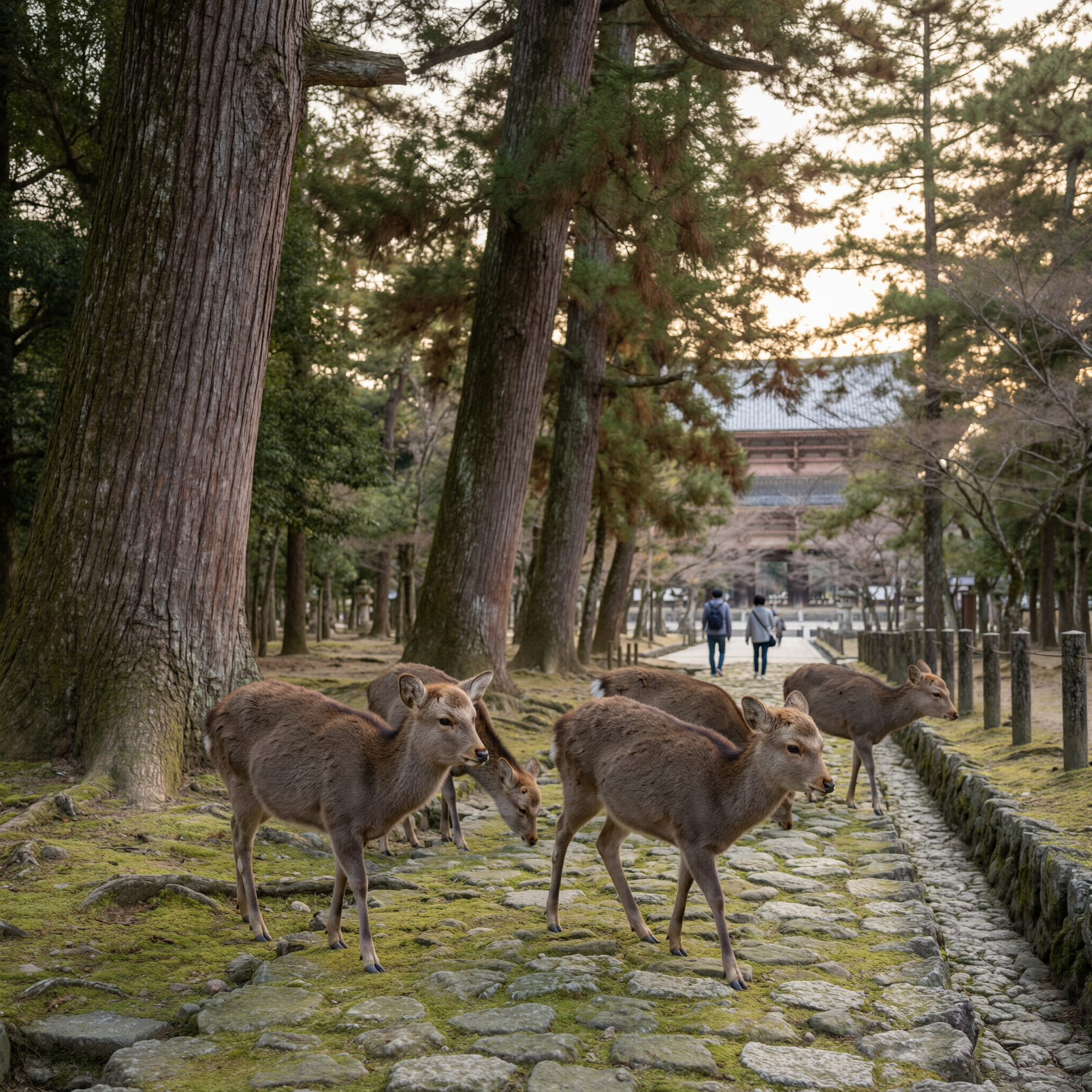Nara Deer Park Experience 2 A group of deer walking on a moss-covered stone pathway lined with tall cedar trees, with visitors and a traditional temple building visible in the background at Nara Deer Park