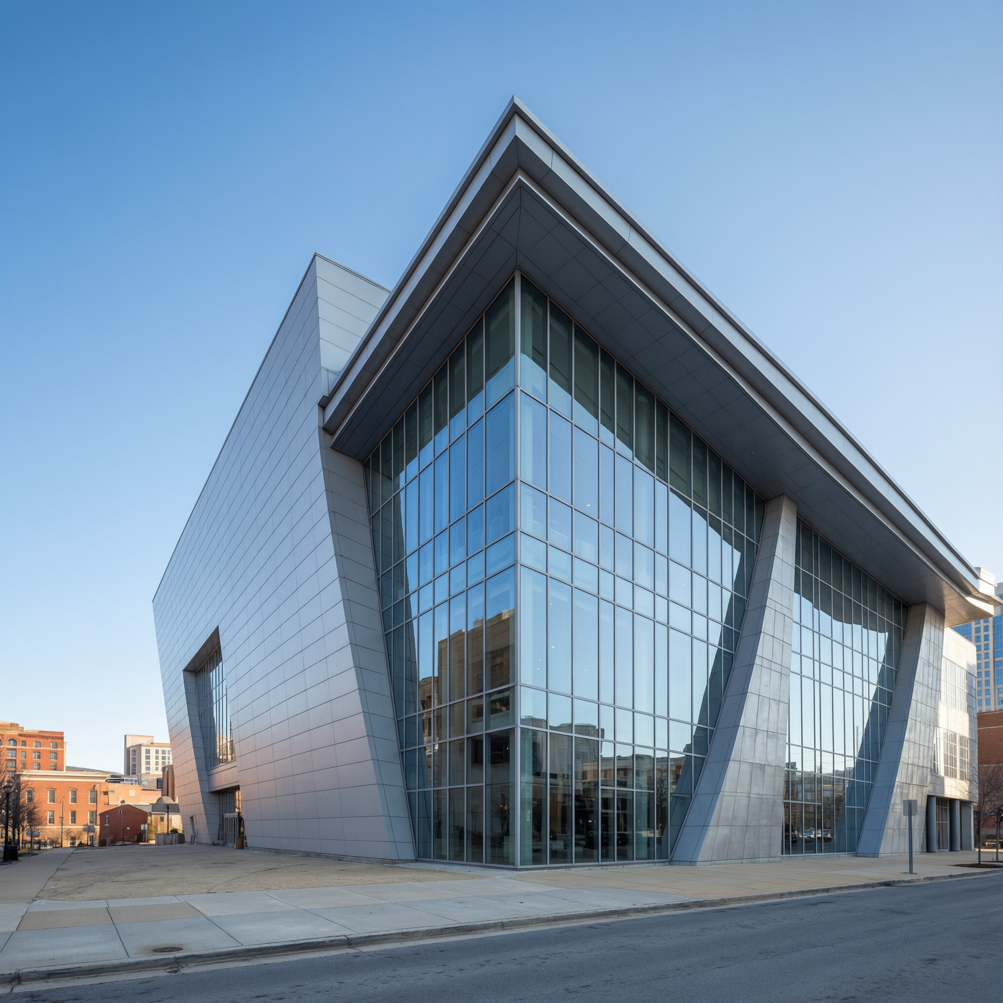Charlotte NASCAR Hall of Fame 2 NASCAR Hall of Fame building in Charlotte with distinctive angular architecture and glass facade