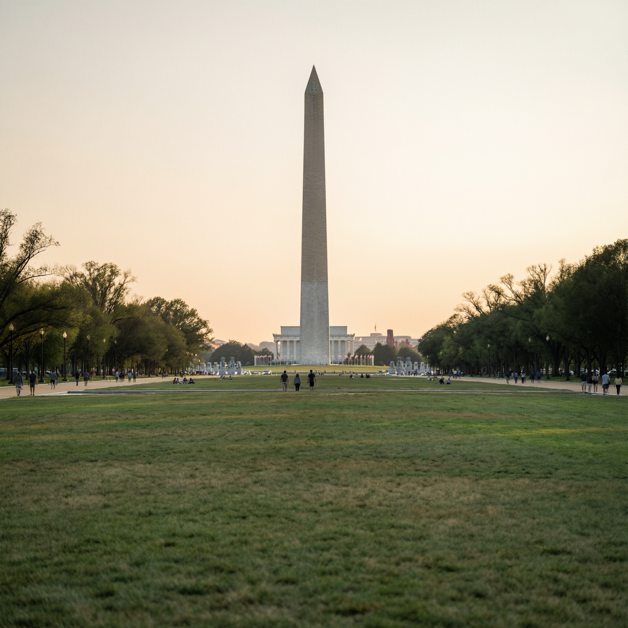 Washington Monument seen from the National Mall at golden hour in Washington, DC