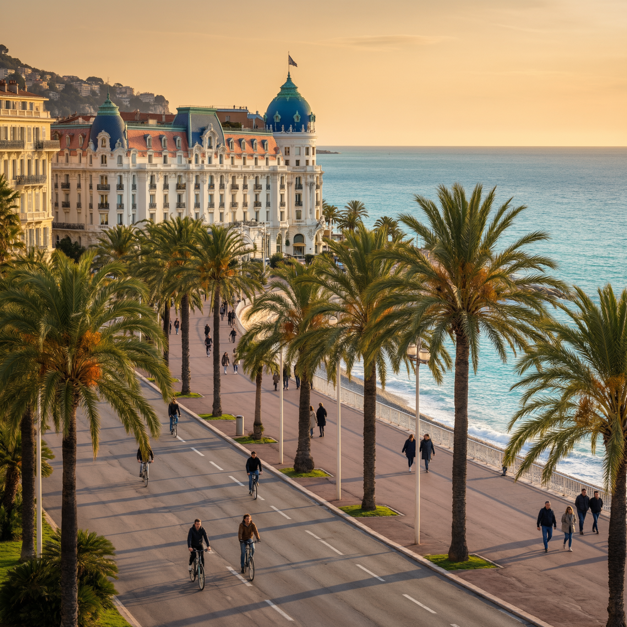 Nice Promenade Des Anglais 8 Scenic view of the Promenade des Anglais in Nice, France during golden hour with palm trees lining the waterfront, a grand Belle Époque hotel with blue domes, Mediterranean Sea, and pedestrians and cyclists enjoying the promenade