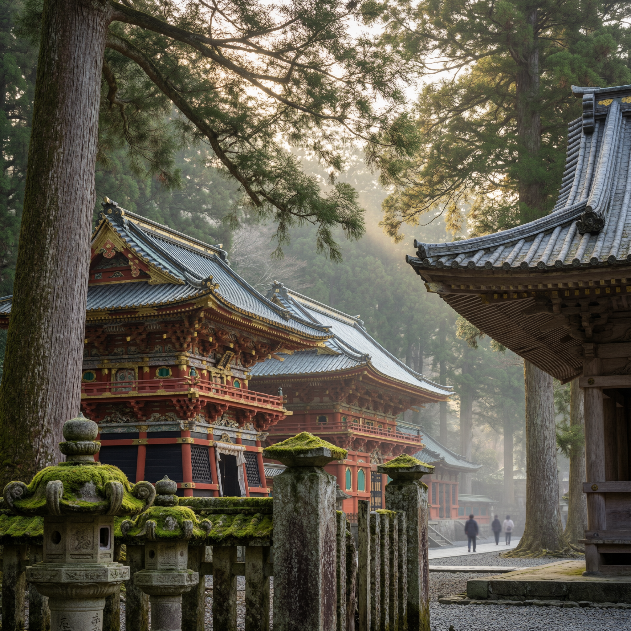 Historic Nikko Toshogu Shrine nestled among tall cedar trees with traditional Japanese architecture featuring upturned eaves, red wooden structures, and moss-covered stone lanterns in misty atmospheric conditions
