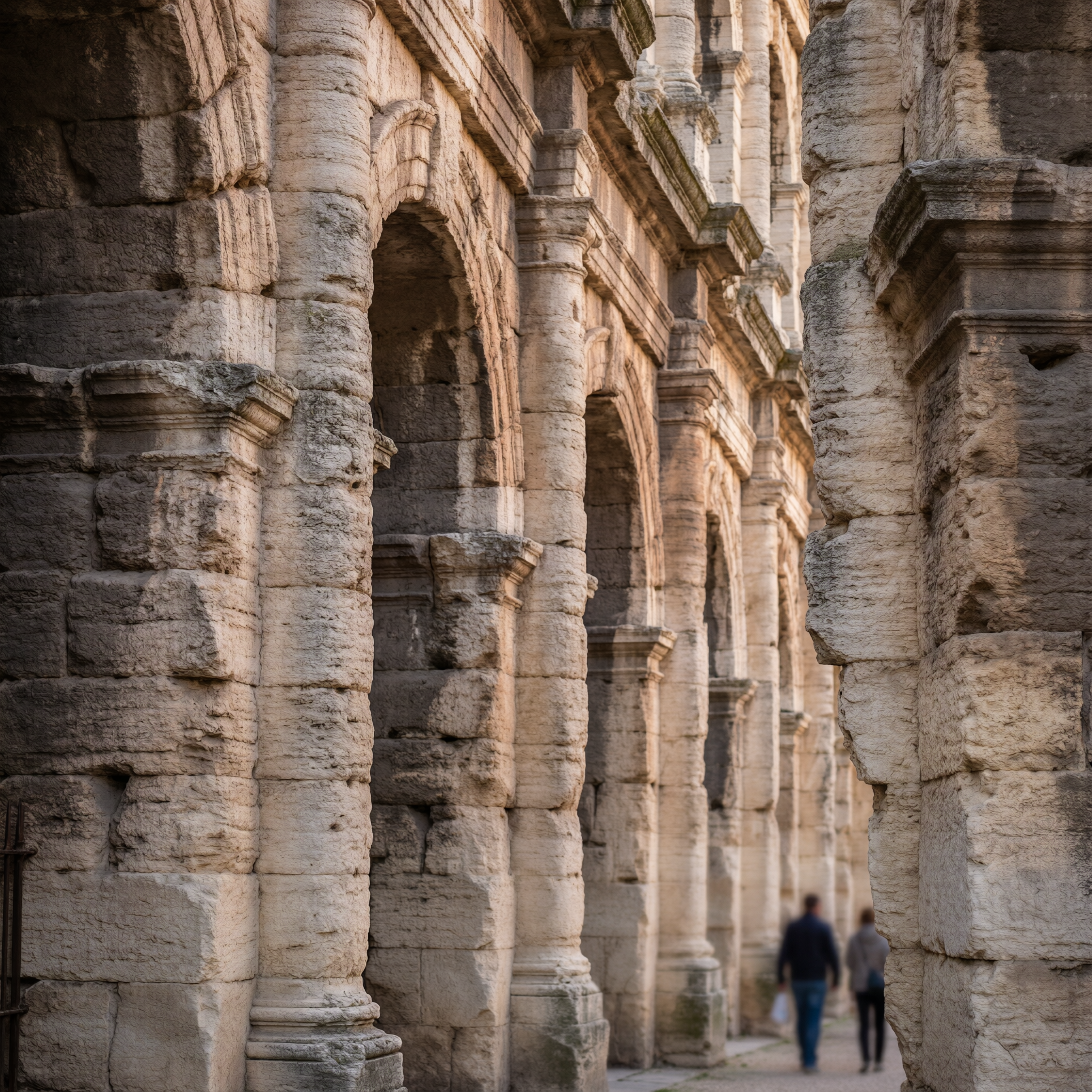 Ancient Roman stone arches and columns lining a corridor at the Arena of Nîmes, with two visitors walking through the passage in natural daylight