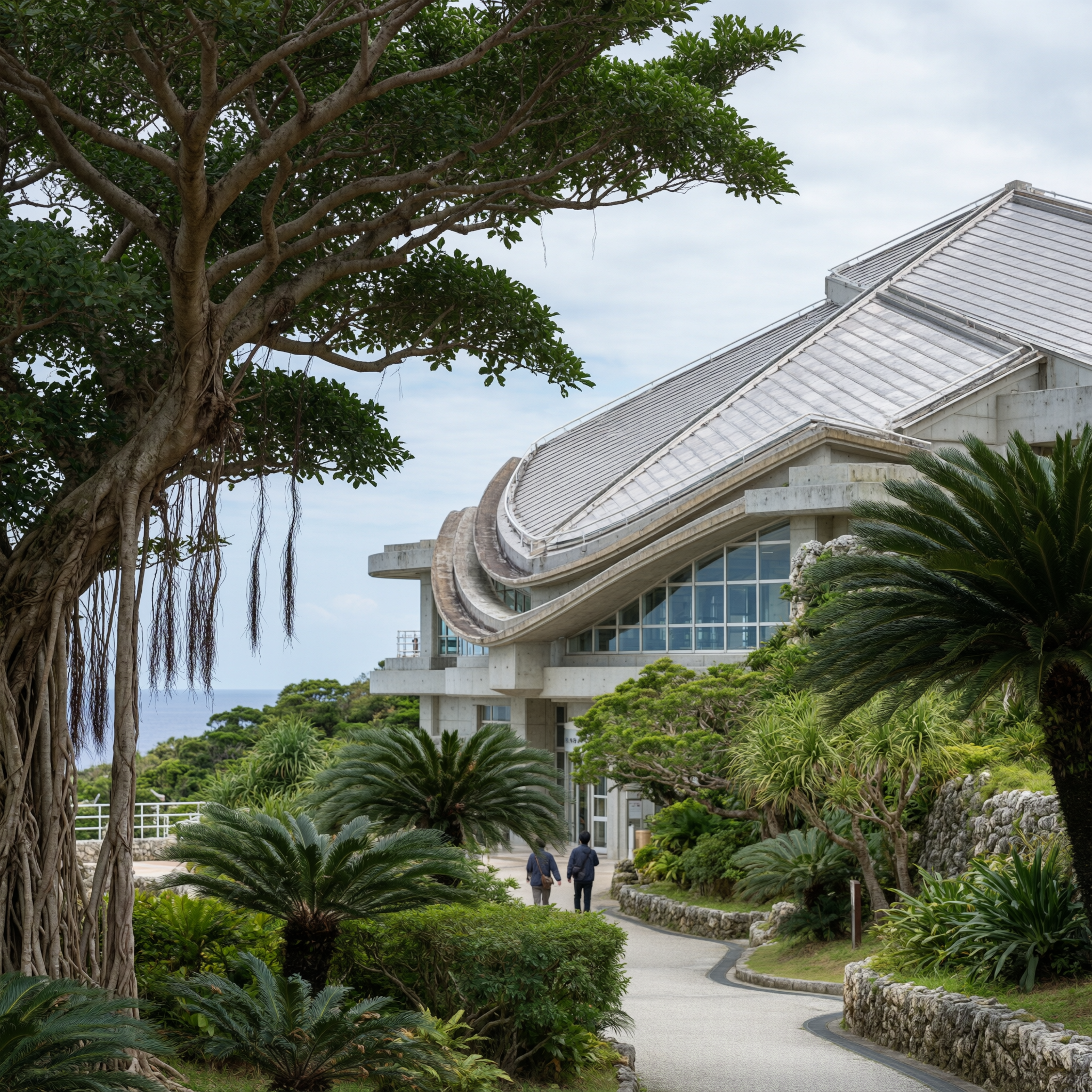 Exterior approach to Okinawa Churaumi Aquarium with large banyan tree, tropical vegetation, and distinctive curved architecture