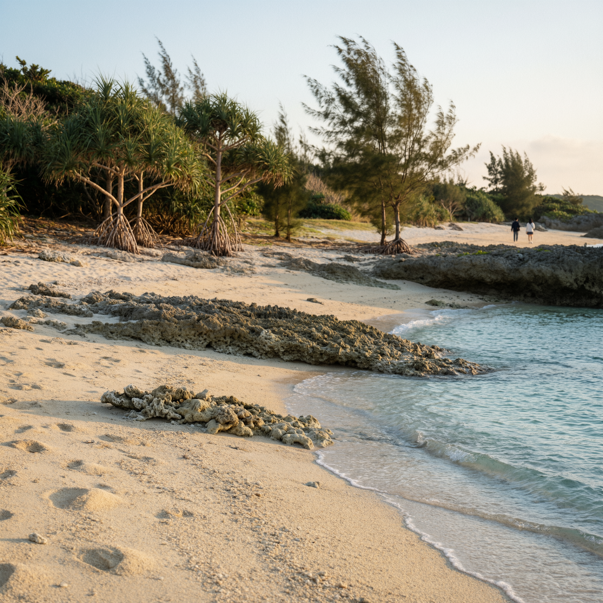 Okinawa Beach Resort Guide 2 A tropical beach on Okinawa's west coast during golden hour, featuring mangrove trees with exposed roots, sandy shores, coral rock formations, and gentle waves with a few people walking in the distance
