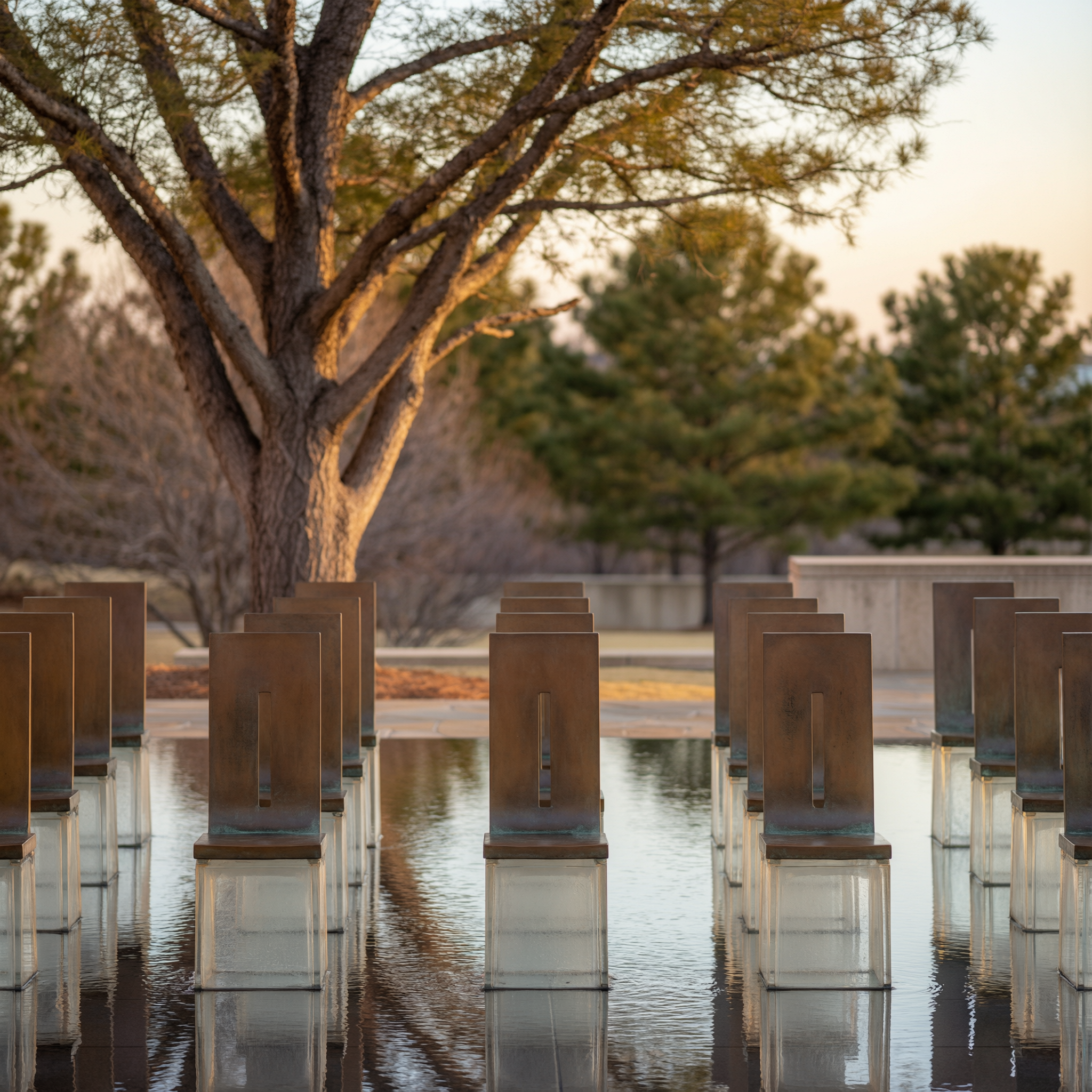Rows of empty bronze chairs reflecting in a water pool at the Oklahoma City National Memorial, with the symbolic Survivor Tree behind them