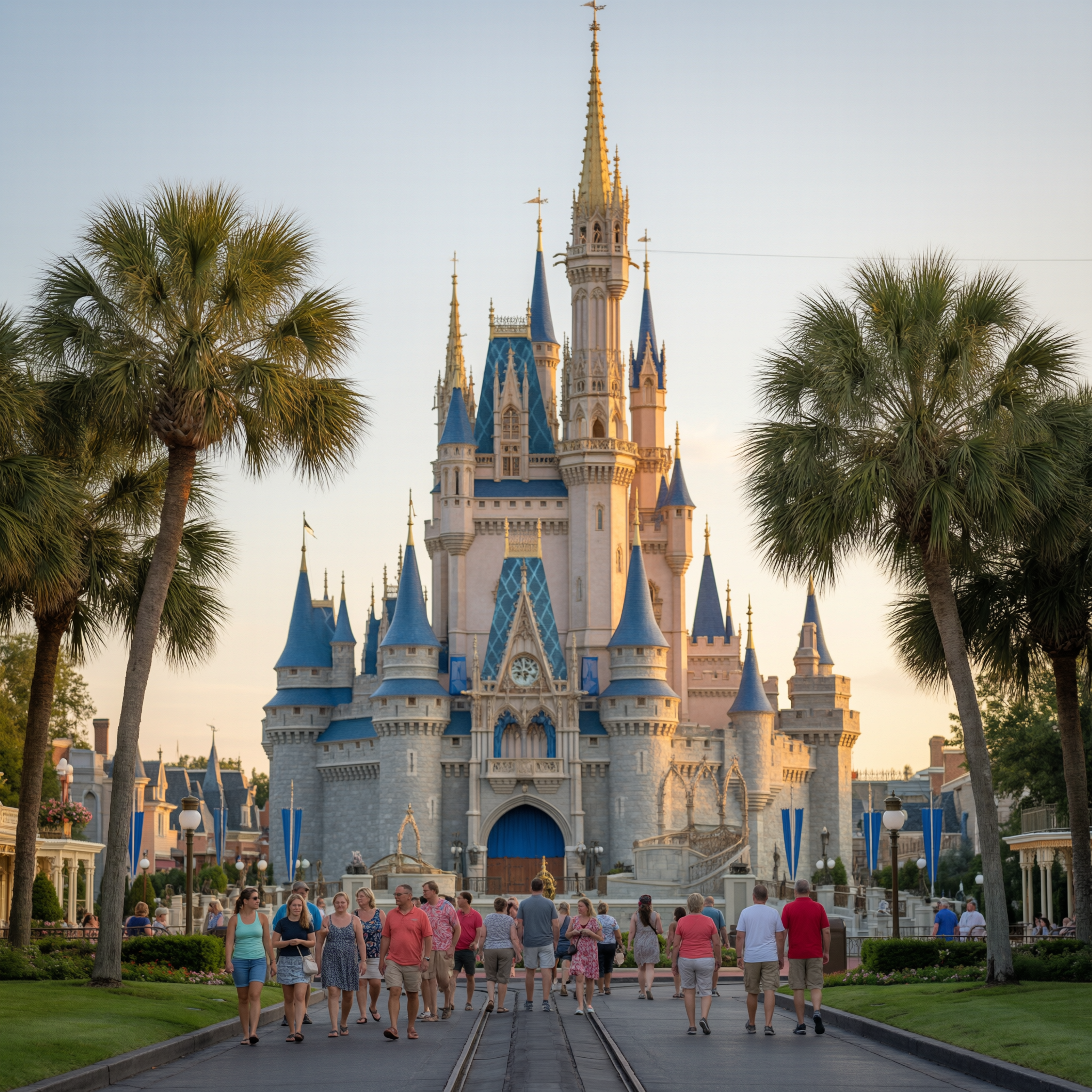 Cinderella Castle at Disney's Magic Kingdom in Orlando, Florida, with palm trees lining the walkway and visitors in the foreground