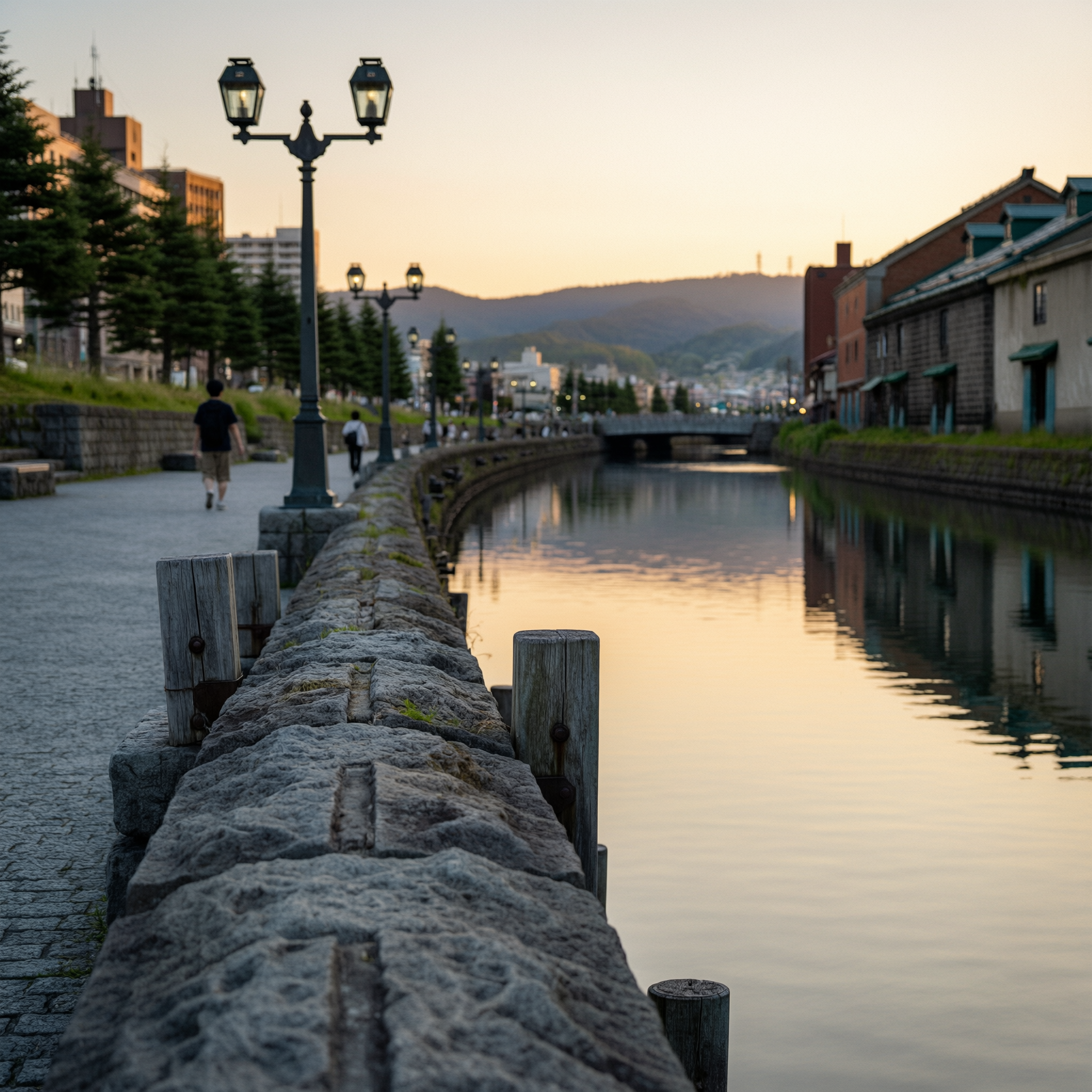 Otaru Canal Strolls 2 Historic Otaru Canal in Japan at golden hour with traditional street lamps, wooden bollards, restored warehouses, and mountains in the background at dusk