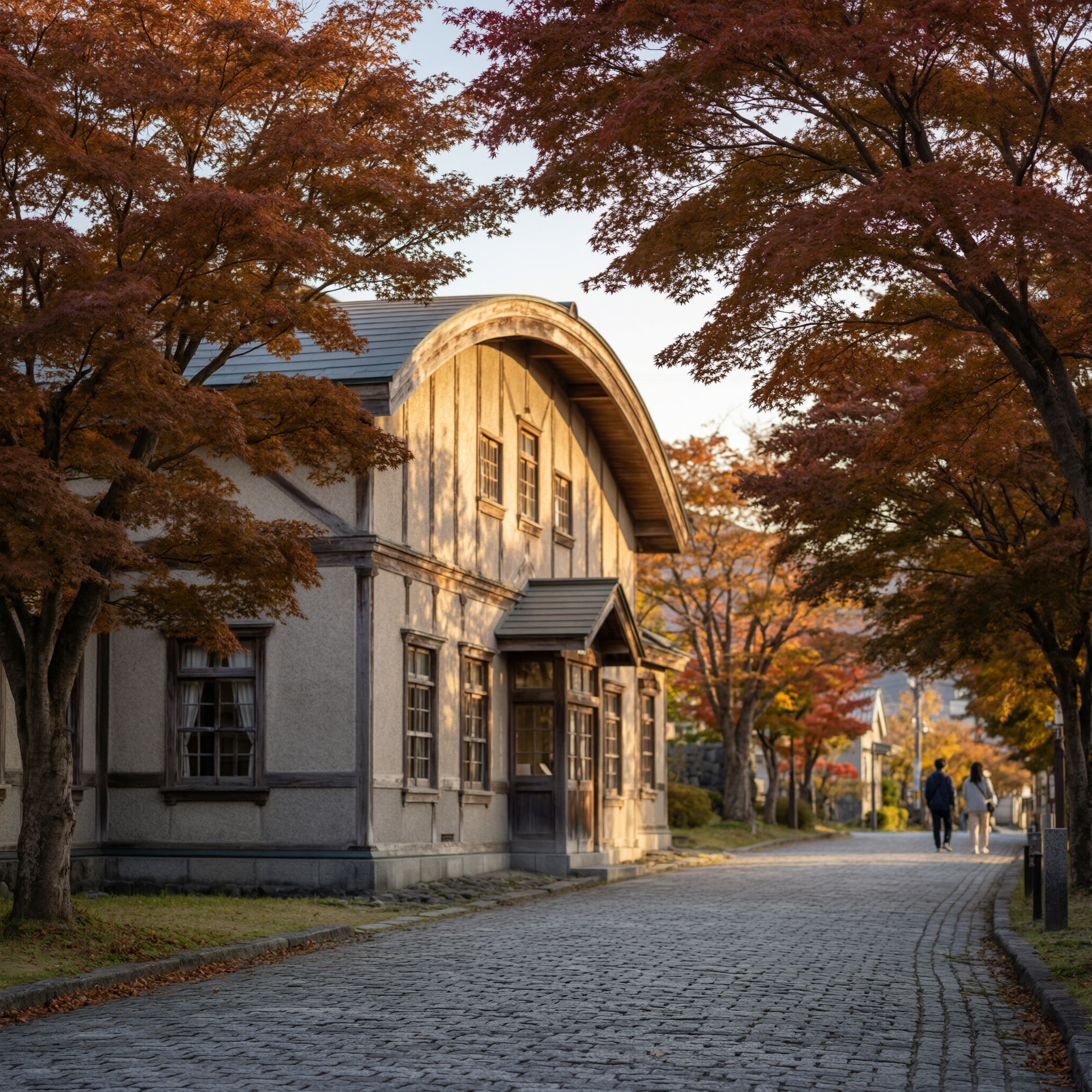 Otaru Music Box Museum 2 Otaru Music Box Museum exterior with distinctive barrel-shaped architecture surrounded by autumn trees with golden and burgundy foliage