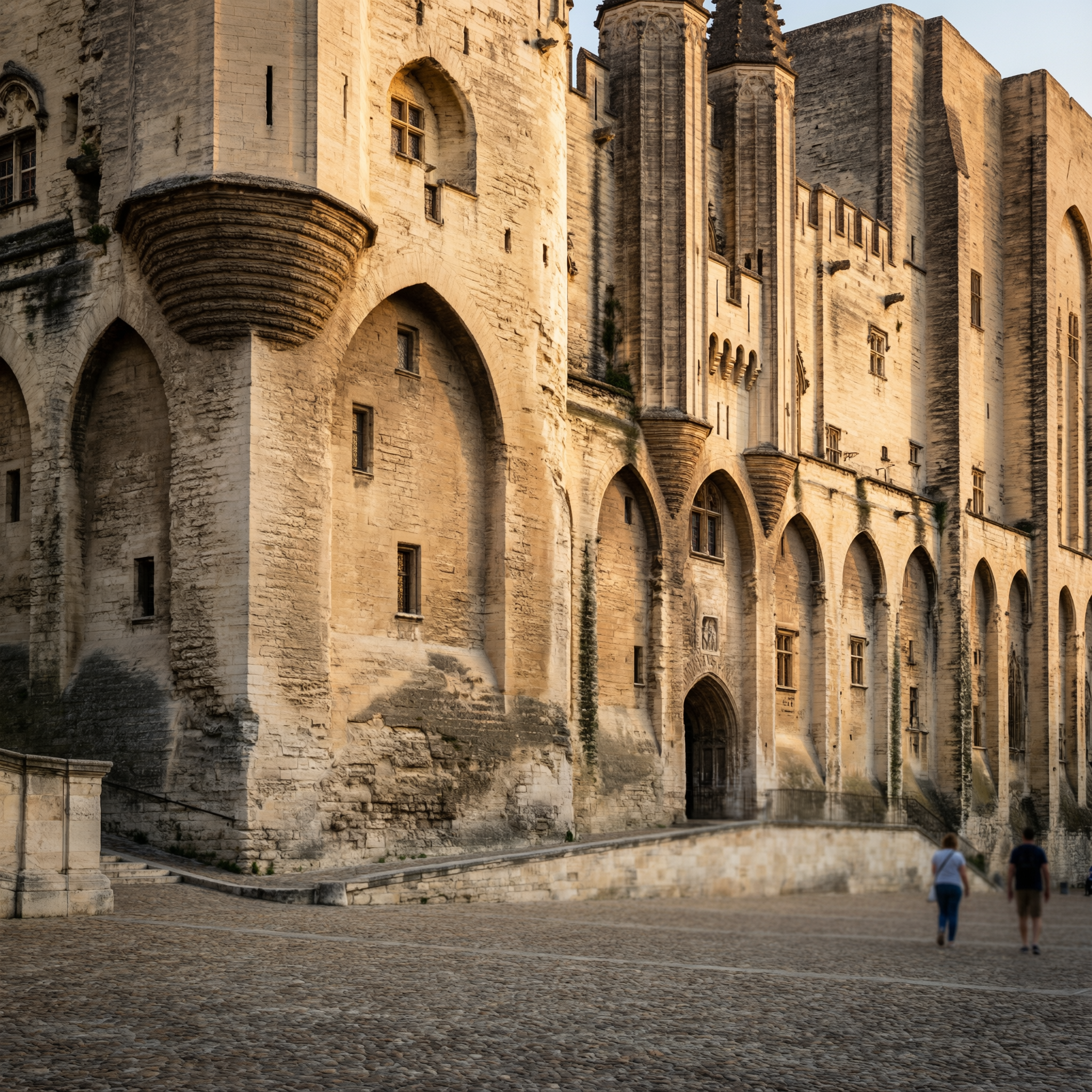 The Palais des Papes in Avignon bathed in golden hour light, showing its distinctive Gothic architecture with stone walls, arched windows, and crenellated towers, with visitors in the courtyard below