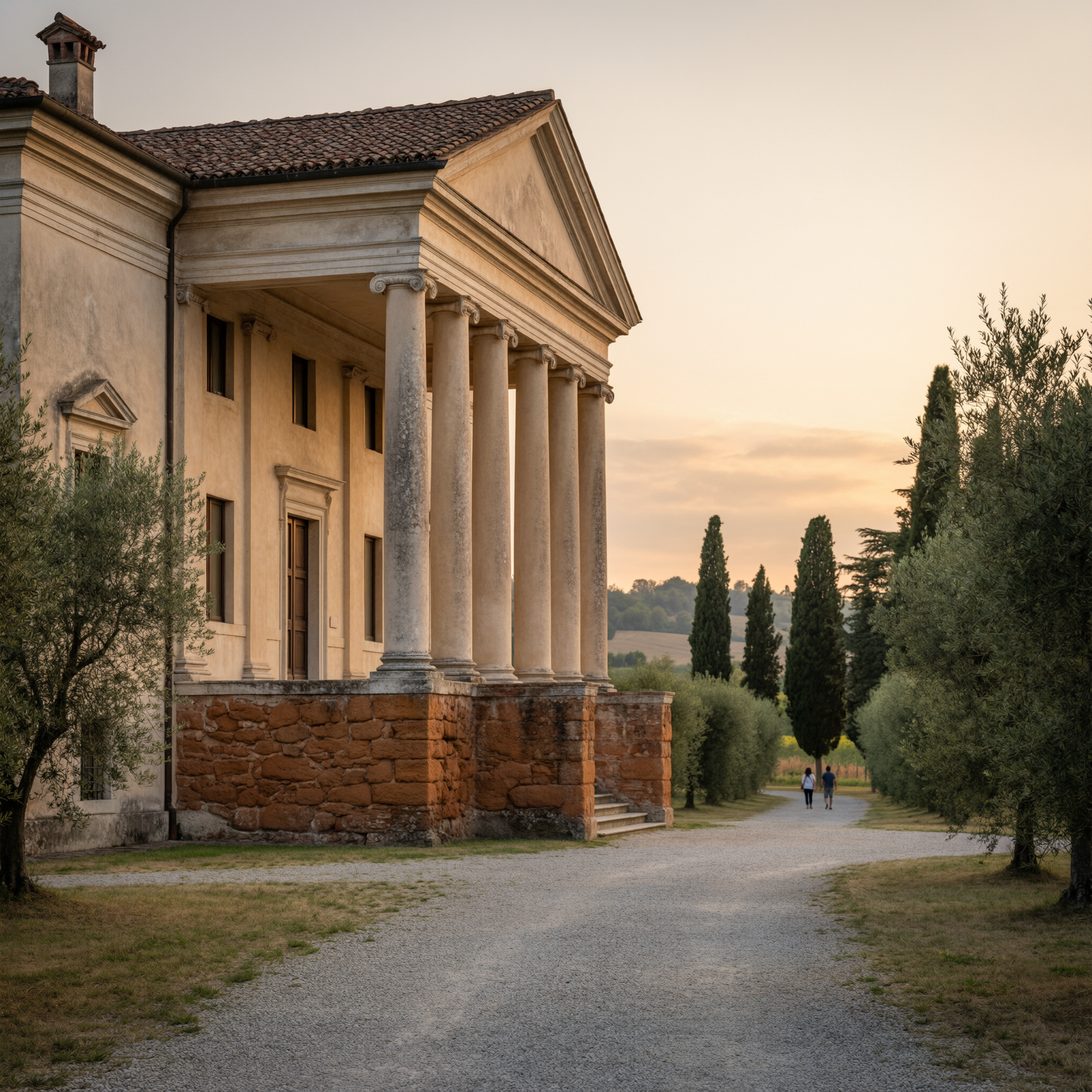 Palladian Villa Veneto at golden hour with neoclassical columns, cypress trees lining the approach, and countryside landscape at sunset