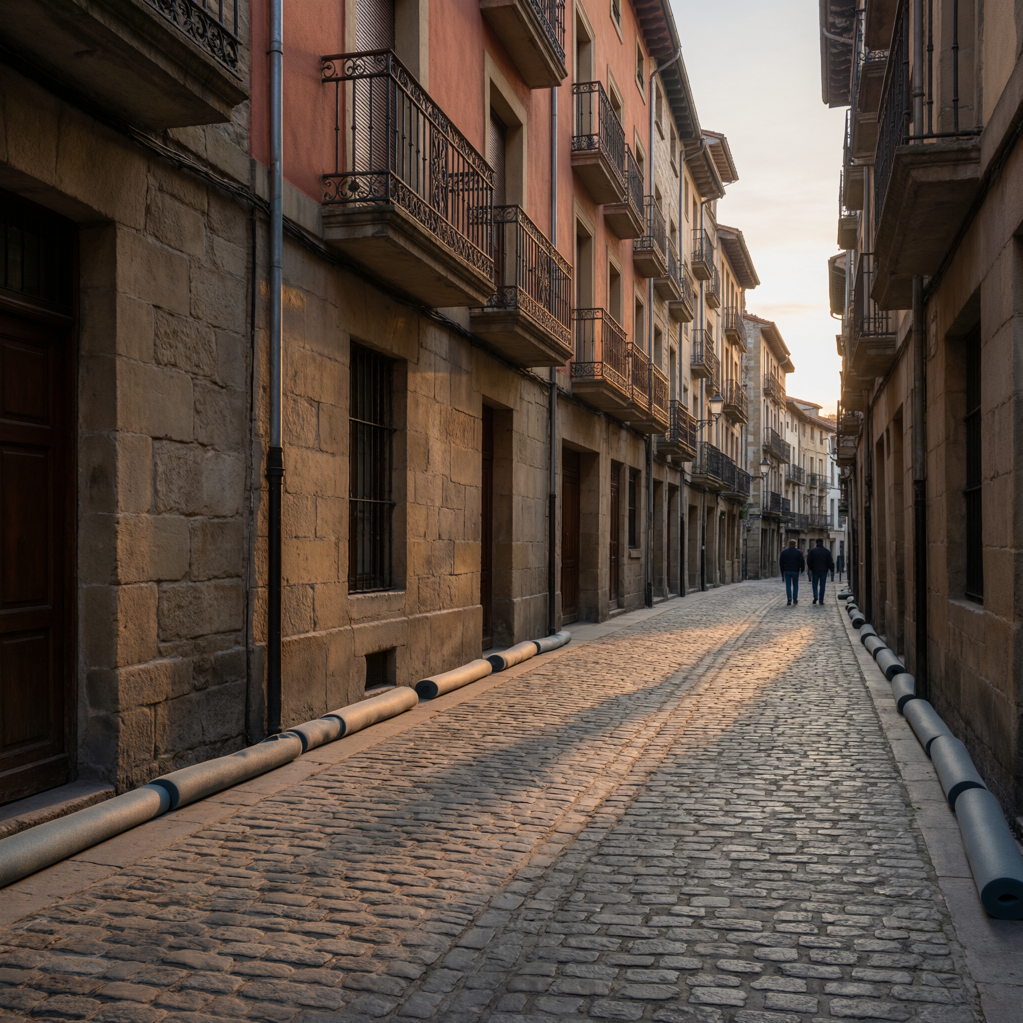 Historic narrow cobblestone street in Pamplona's Old Town with traditional stone buildings and wrought iron balconies at dawn