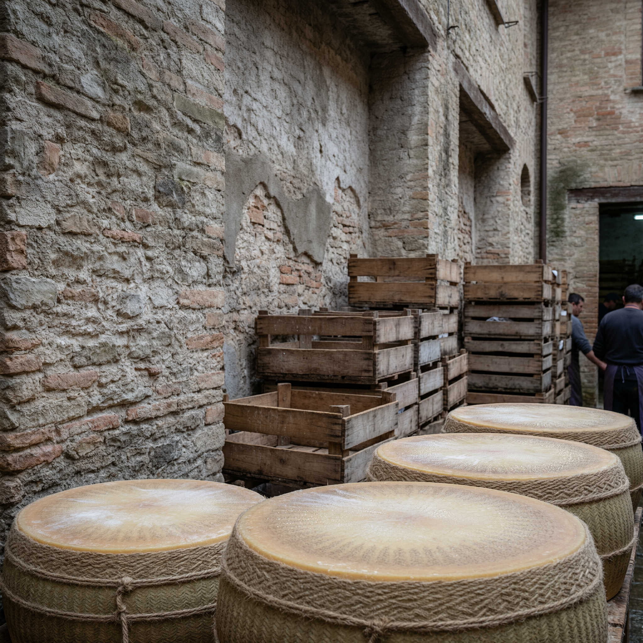 Traditional cheese aging courtyard in Parma with large wooden crates and wrapped cheese wheels on display