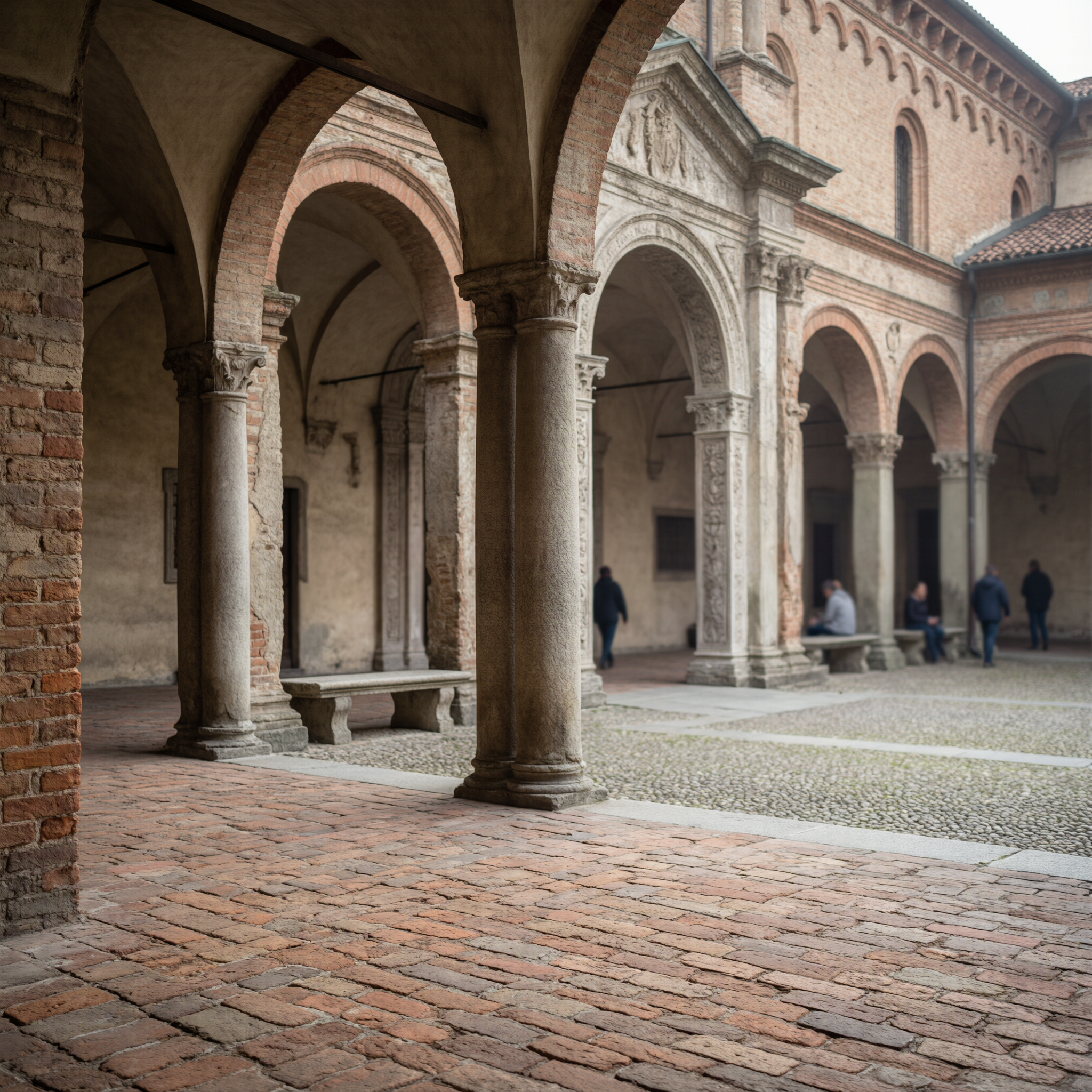 Historic covered courtyard with Romanesque arches supported by stone columns, brick archways, and people walking in the plaza, showcasing medieval Italian architecture in Pavia