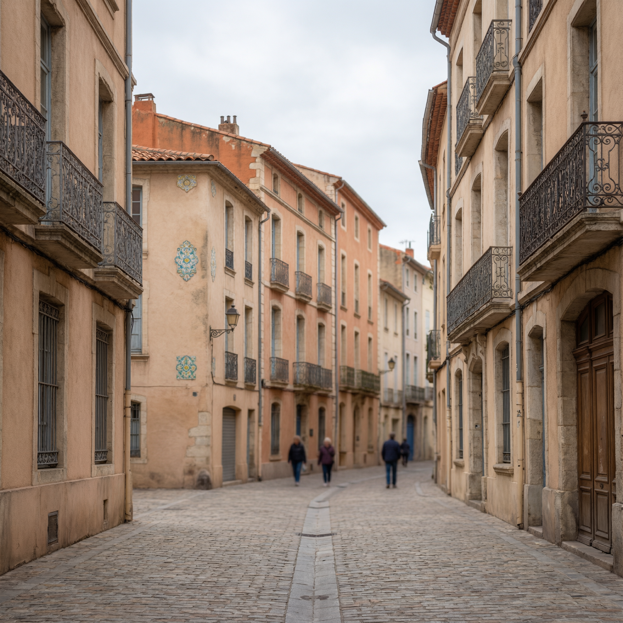 Narrow cobblestone street lined with historic stone buildings featuring Catalan architecture, ornate iron balconies, and decorative tilework in Perpignan's old town