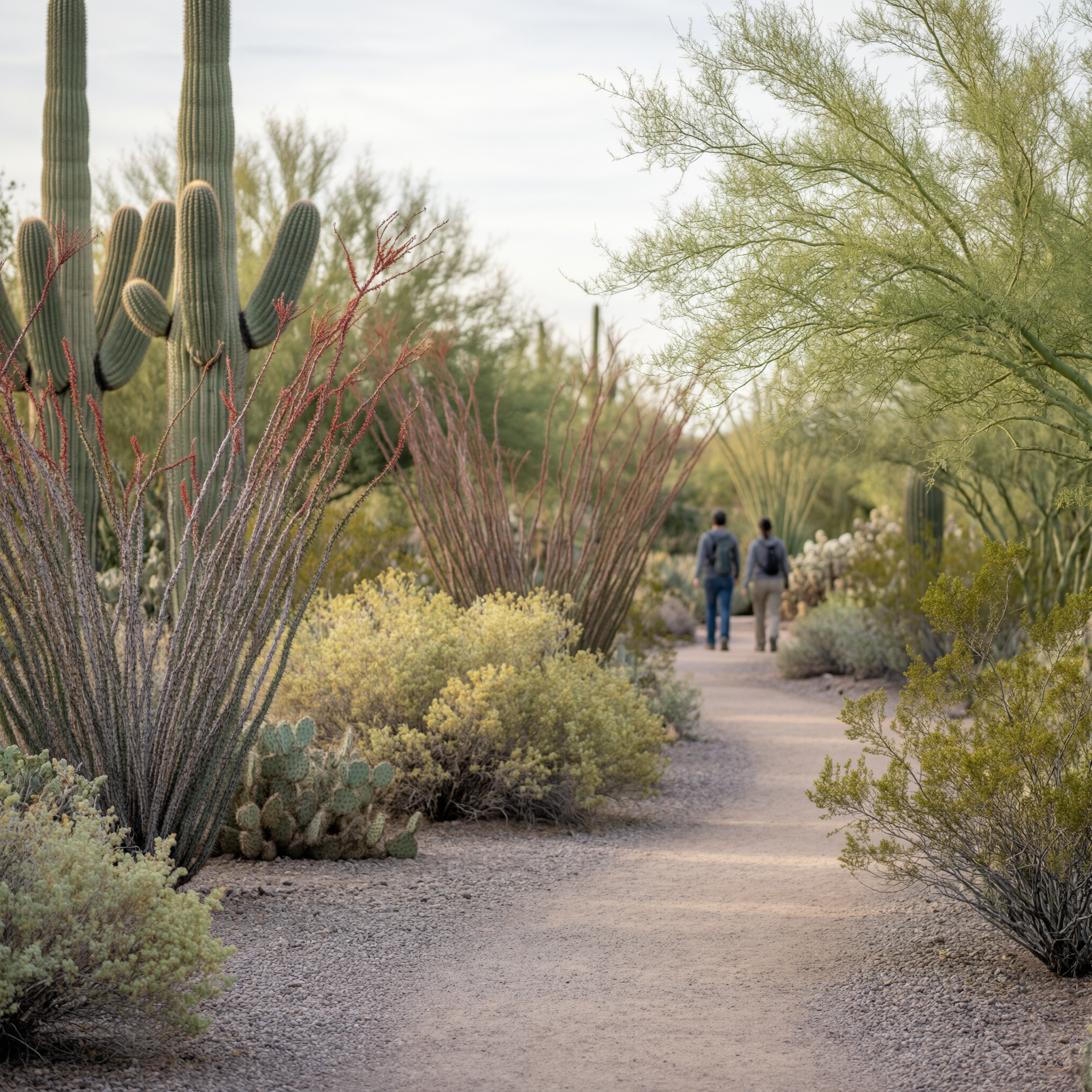 Two visitors walking through a desert garden path lined with towering saguaro cacti, ocotillo plants with red flowers, and various desert shrubs in Phoenix, Arizona