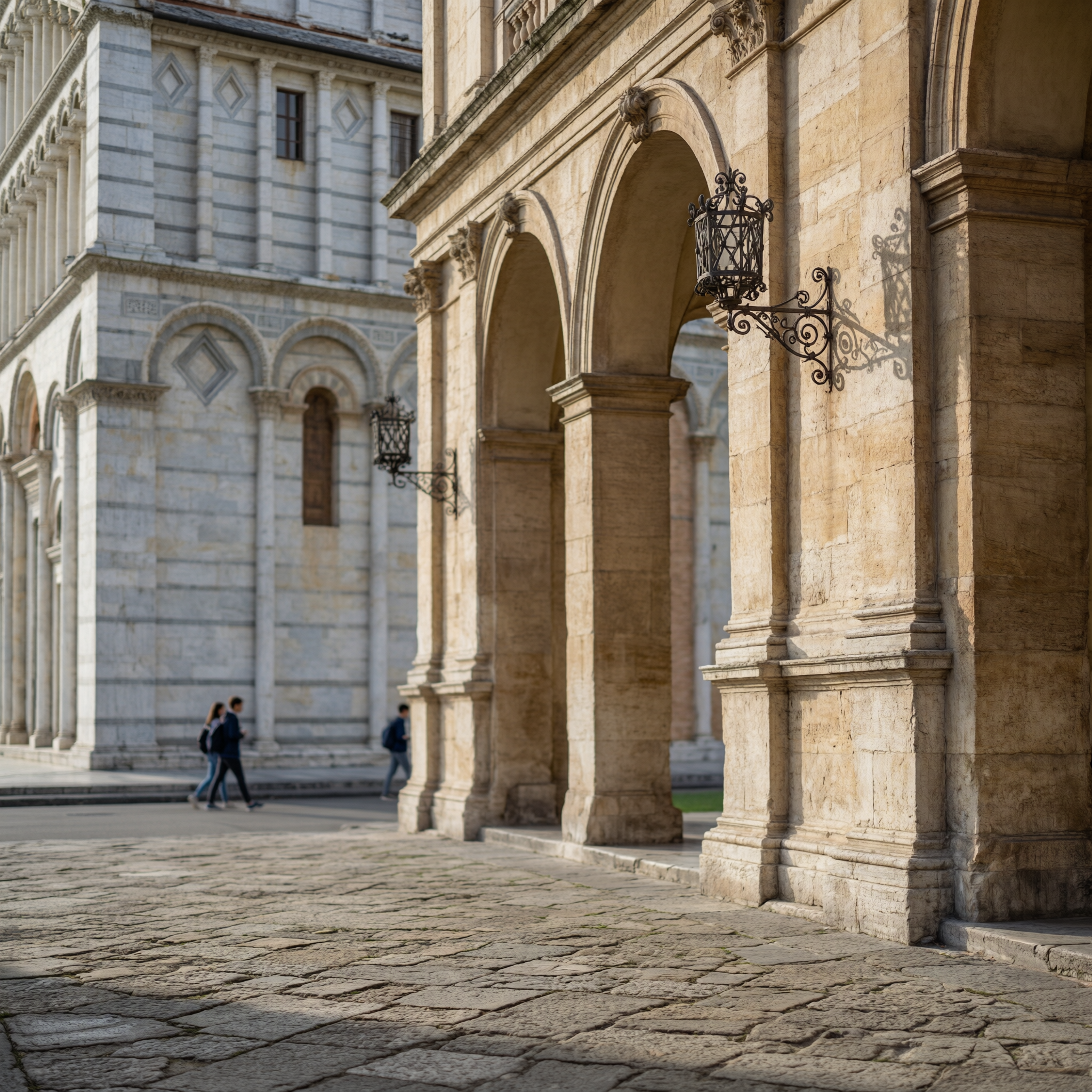 Historic stone archway with large rounded columns in an Italian university campus courtyard, with classical architecture and ornate iron lanterns