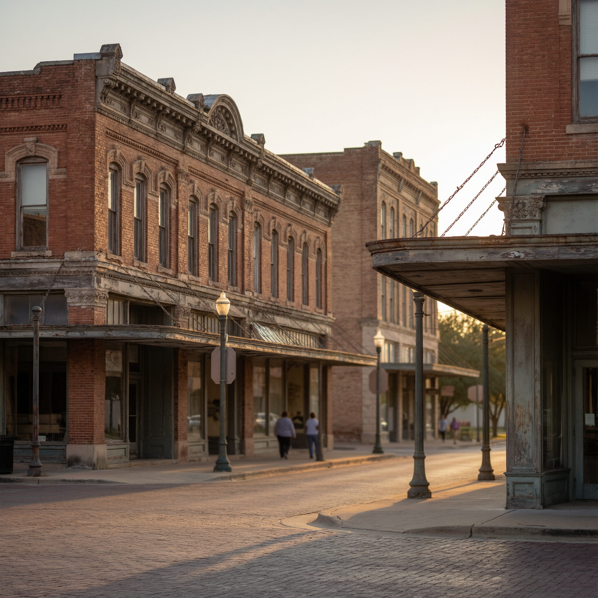 Historic downtown street in Plano with 19th-century brick buildings and covered walkways during golden hour