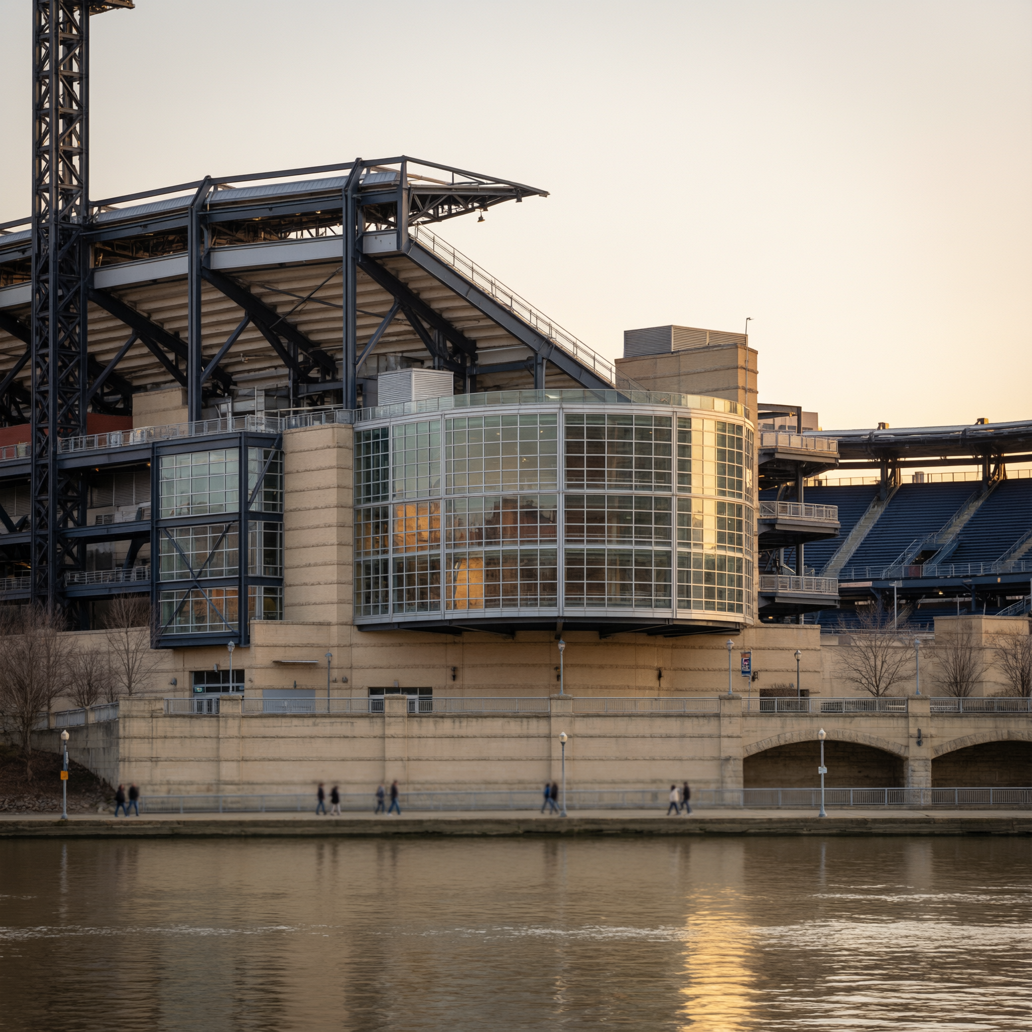 PNC Park baseball stadium exterior with steel framework and glass structure along the Pittsburgh riverfront at golden hour
