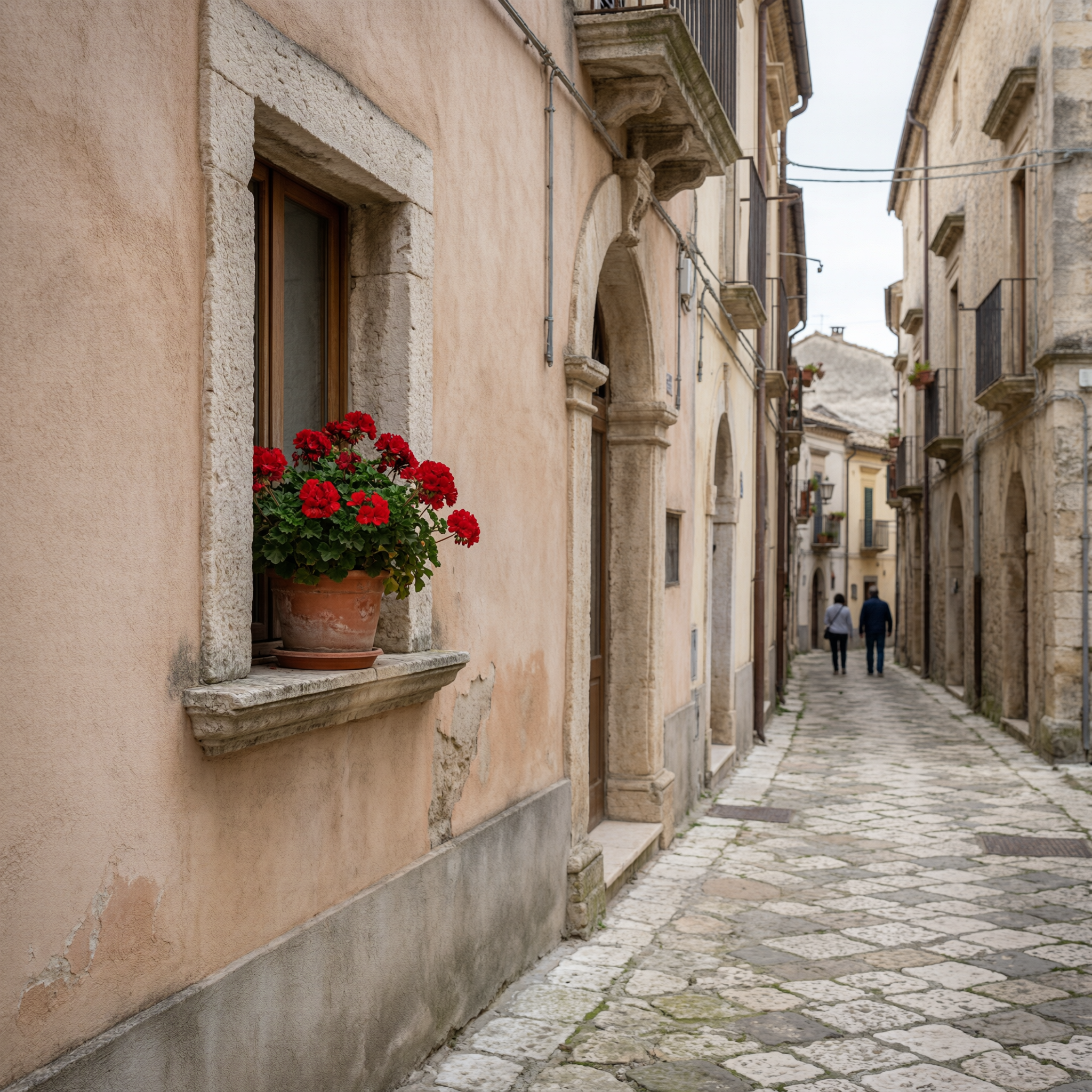 Historic narrow alleyway in Potenza with terracotta pot of red geraniums on windowsill, stone buildings and cobblestone street