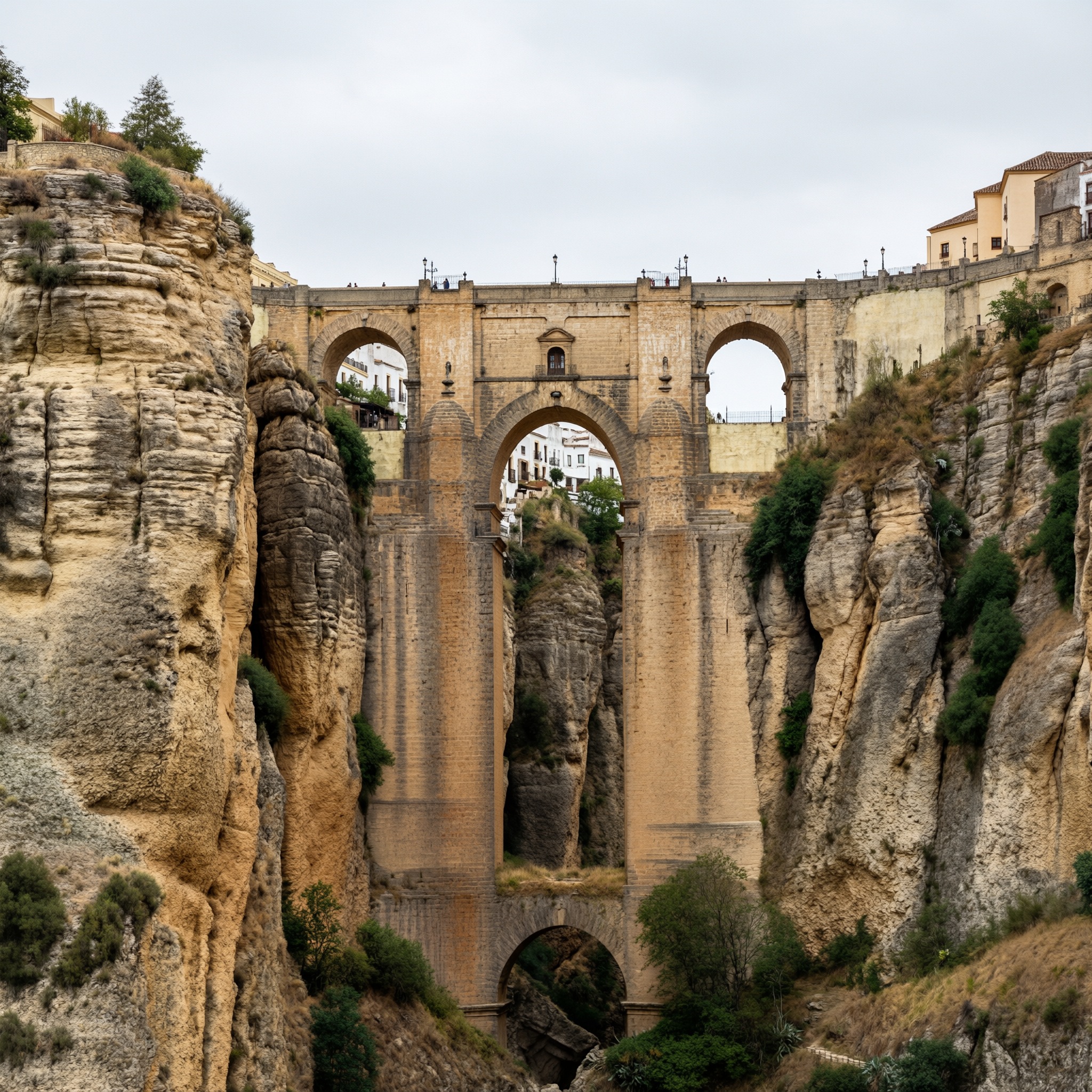 Puente Nuevo bridge spanning a deep gorge in Ronda, Spain, with historic stone architecture and buildings perched on the clifftops