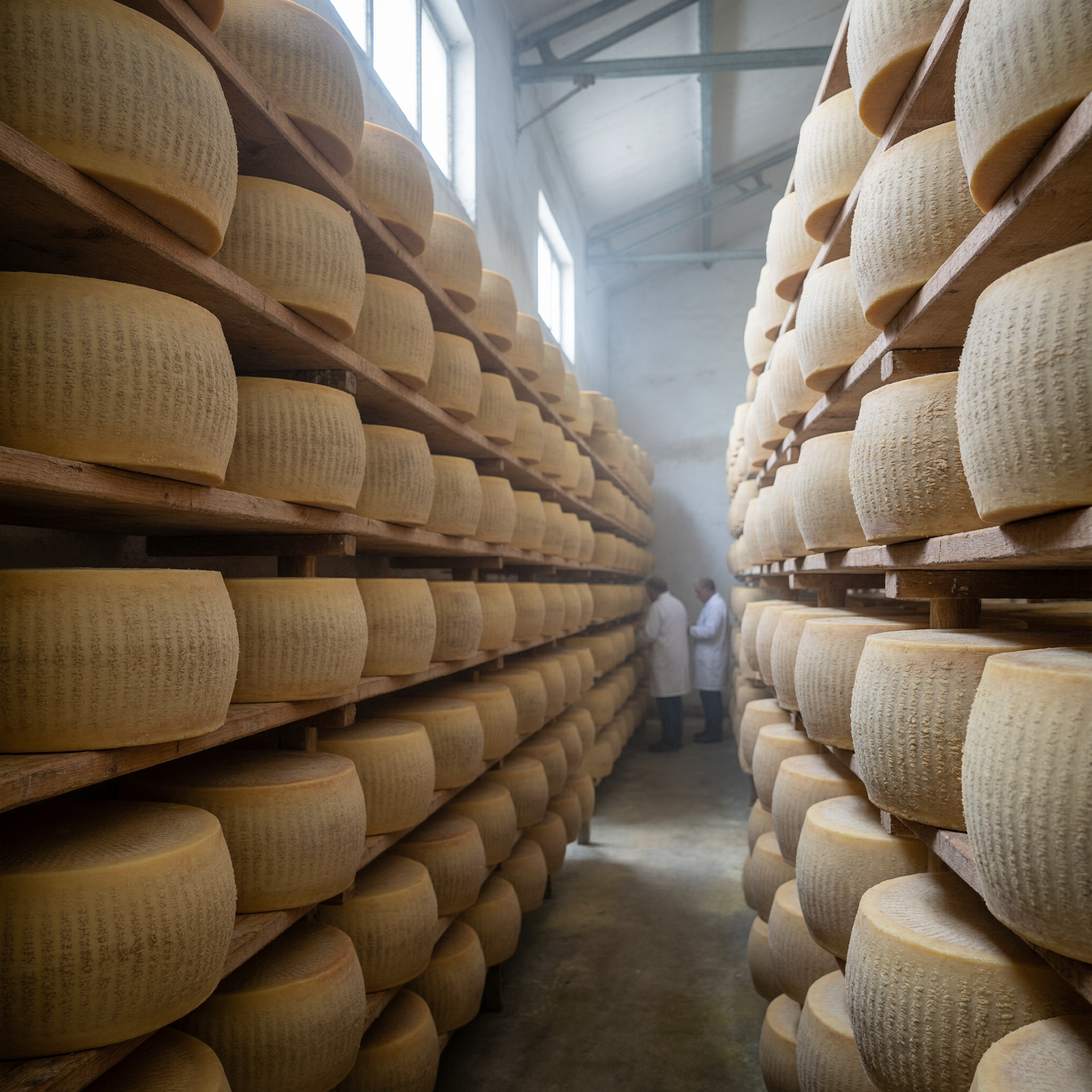 A Parmigiano-Reggiano aging cellar in Reggio Emilia with rows of large cylindrical cheese wheels stored on wooden shelves on both sides of a narrow corridor