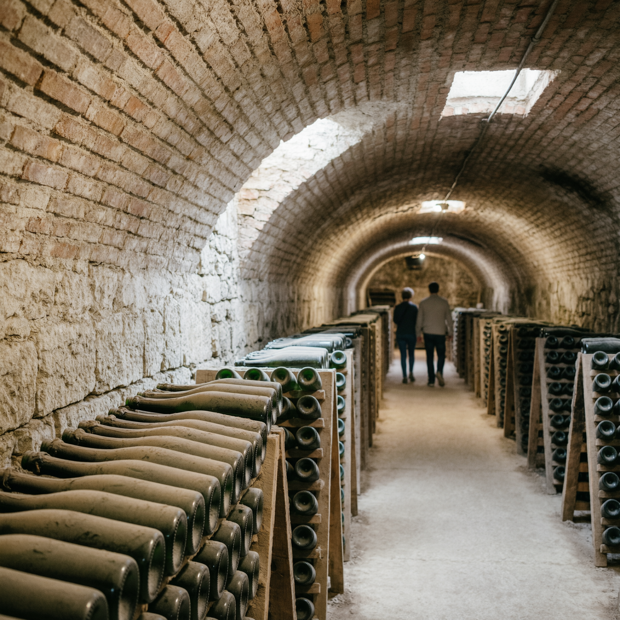 Historic brick wine cellar tunnel in Reims with rows of champagne bottles aging in racks on both sides, arched ceiling with skylights, and two visitors walking in the distance