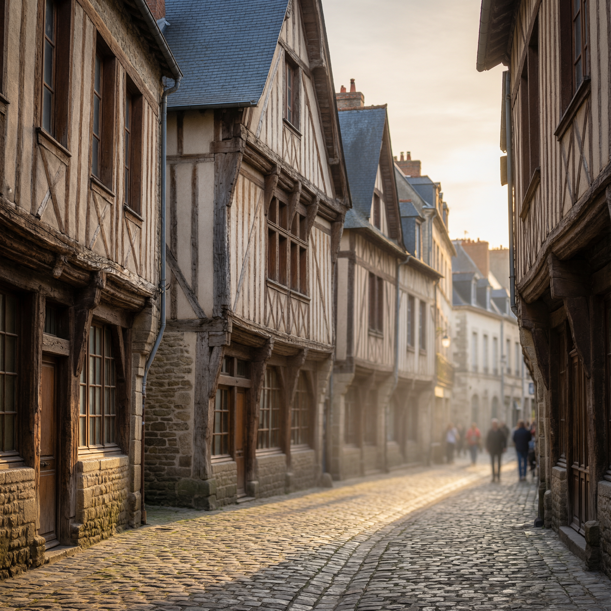 Medieval cobbled street in Rennes lined with half-timbered buildings at golden hour